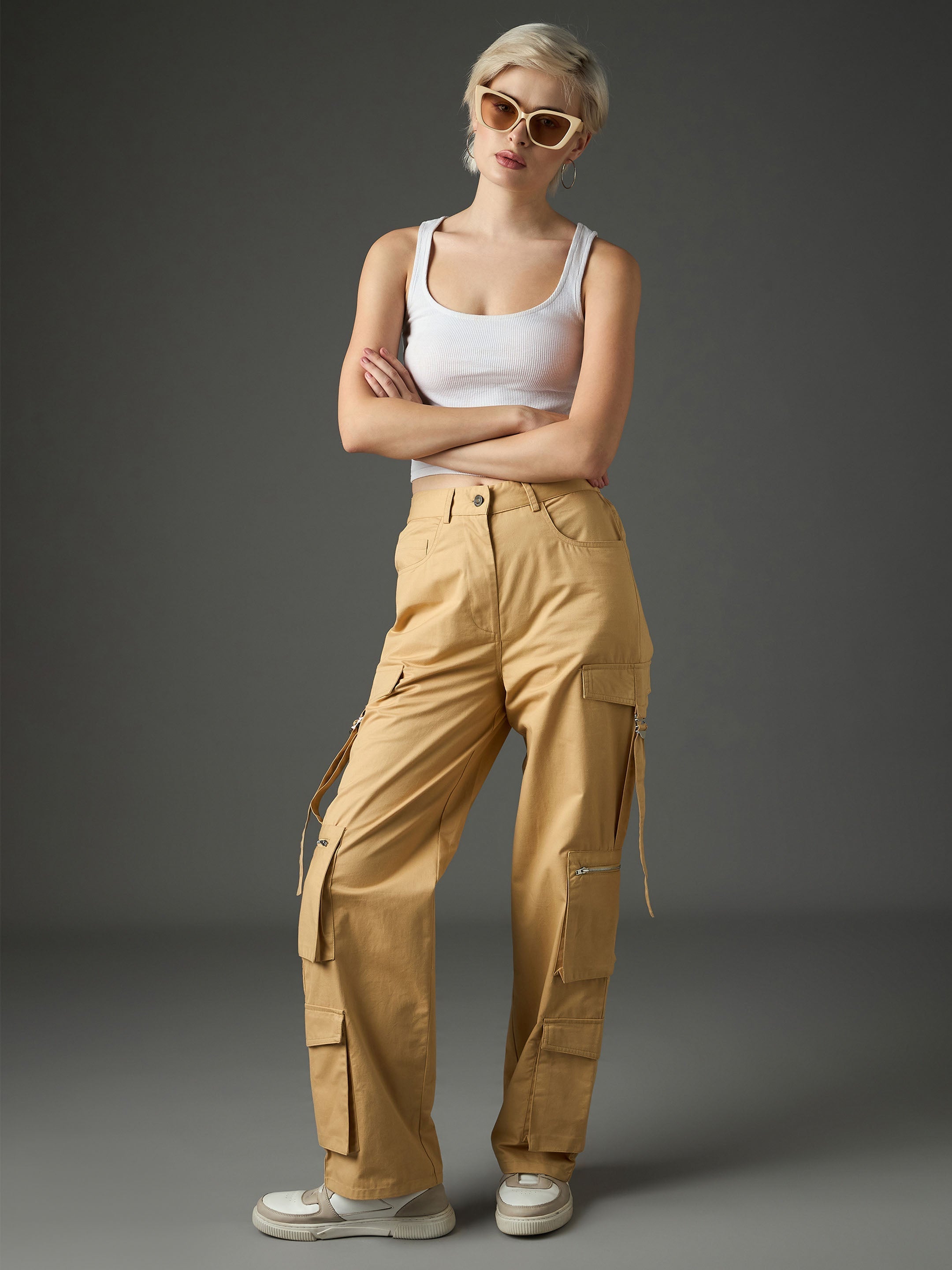 Beige Twill Zipper Pocket Cargo Straight Pants SASSAFRAS
