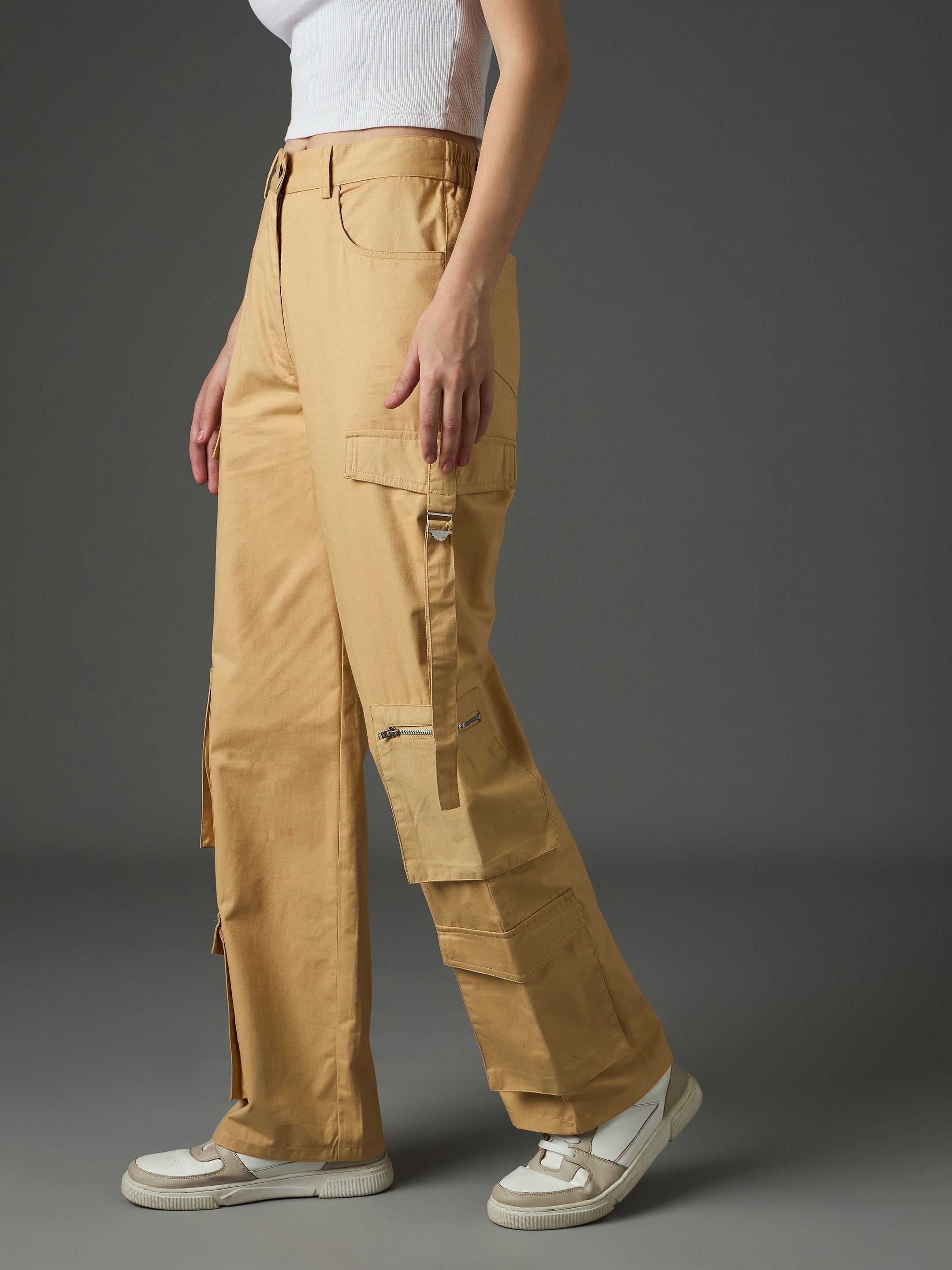 Beige Twill Zipper Pocket Cargo Straight Pants SASSAFRAS