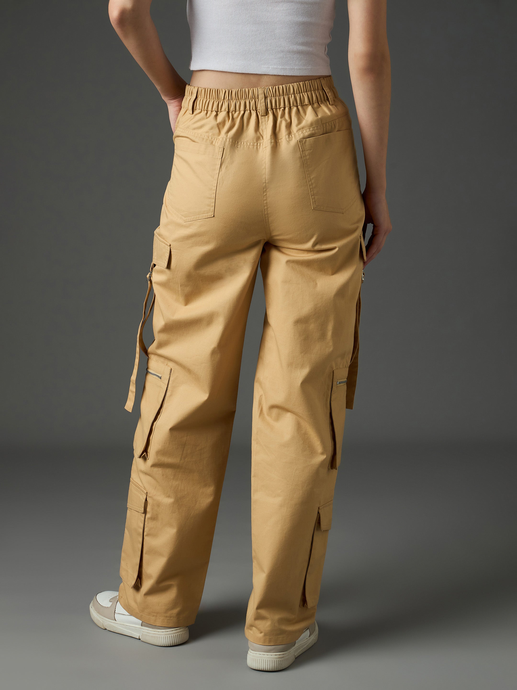 Beige Twill Zipper Pocket Cargo Straight Pants SASSAFRAS