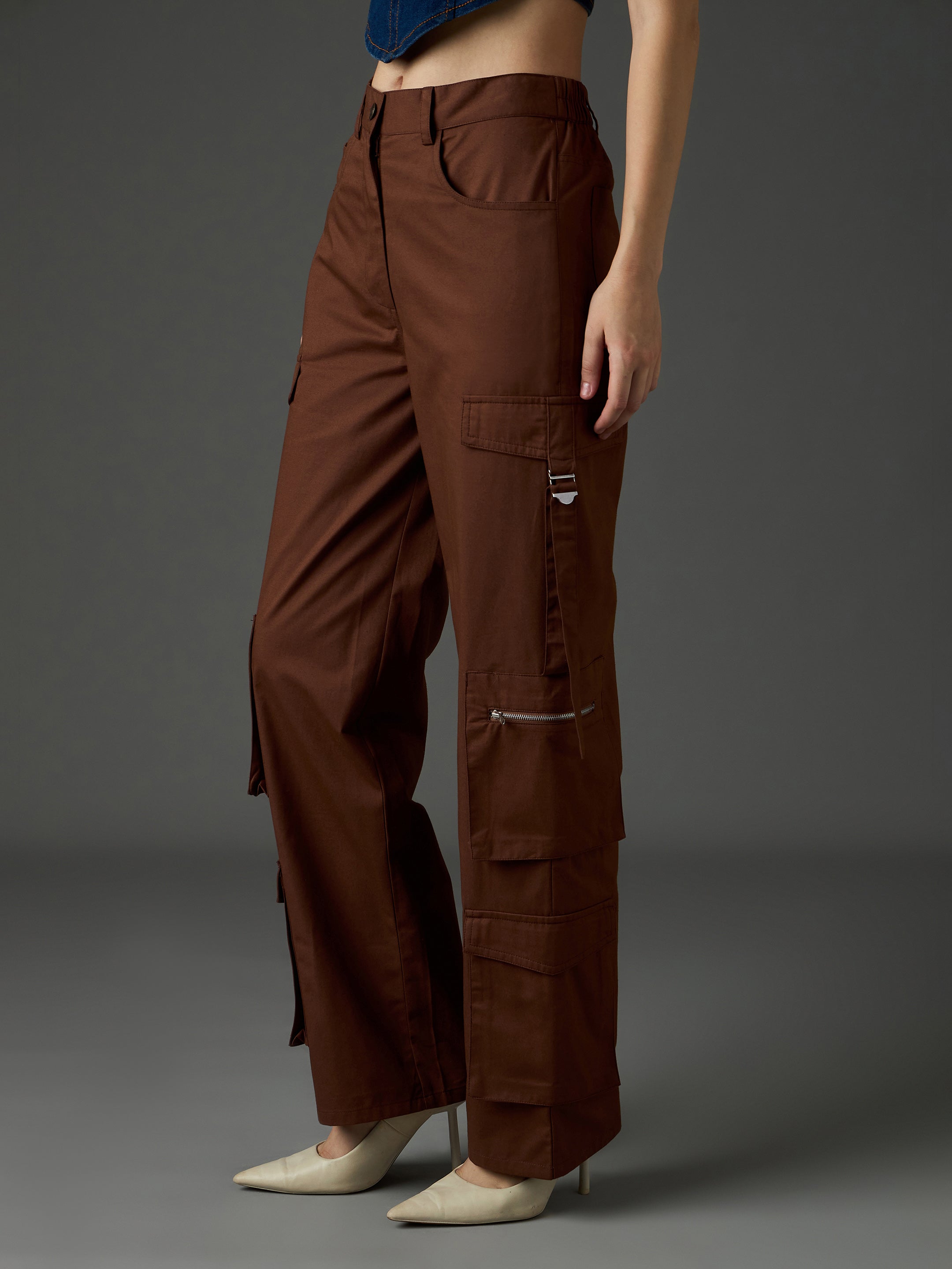 Brown Twill Zipper Pocket Cargo Straight Pants SASSAFRAS