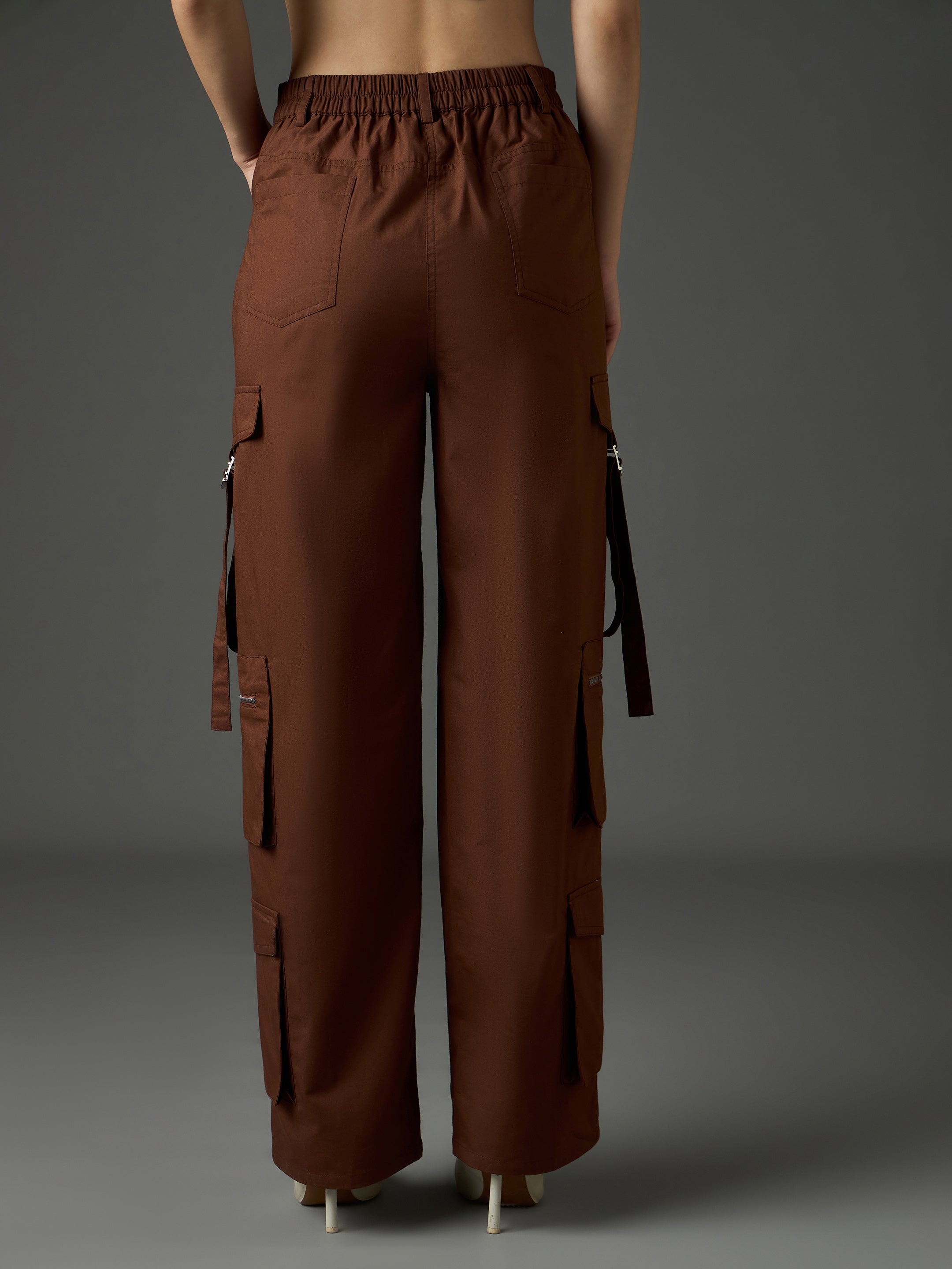 Brown Twill Zipper Pocket Cargo Straight Pants SASSAFRAS