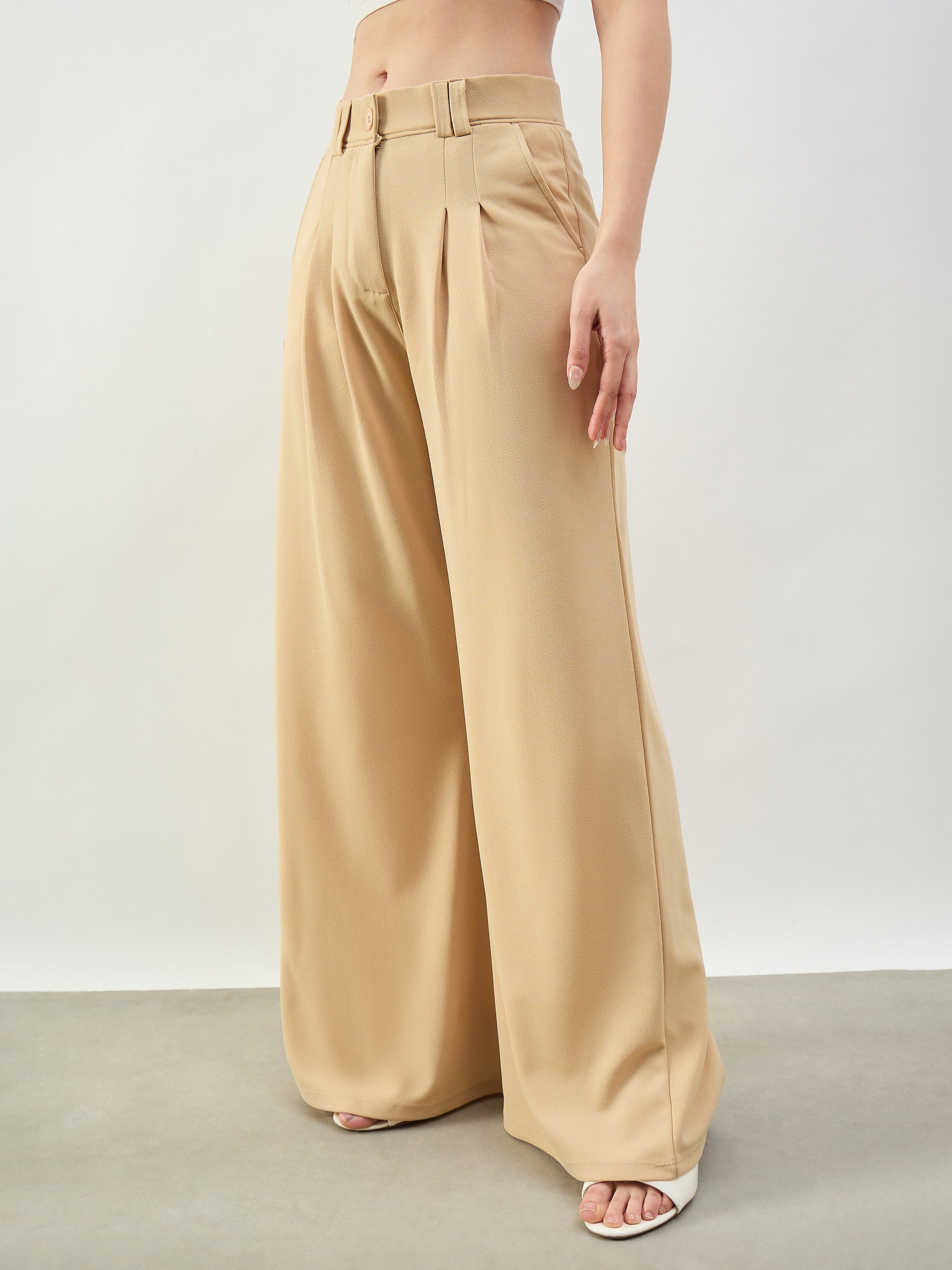 Beige Pleated Double Loop Korean Pants SASSAFRAS BASICS