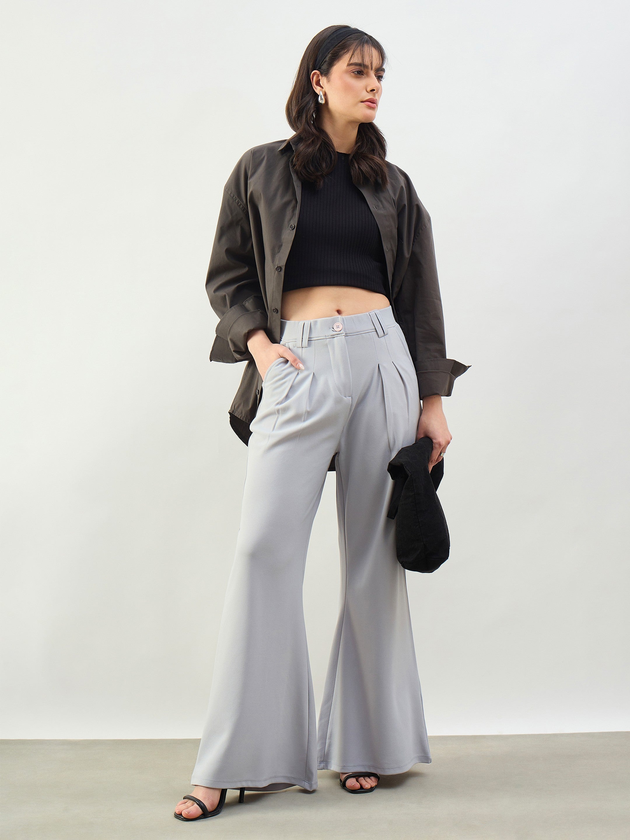 Grey Pleated Double Loop Korean Pants SASSAFRAS BASICS