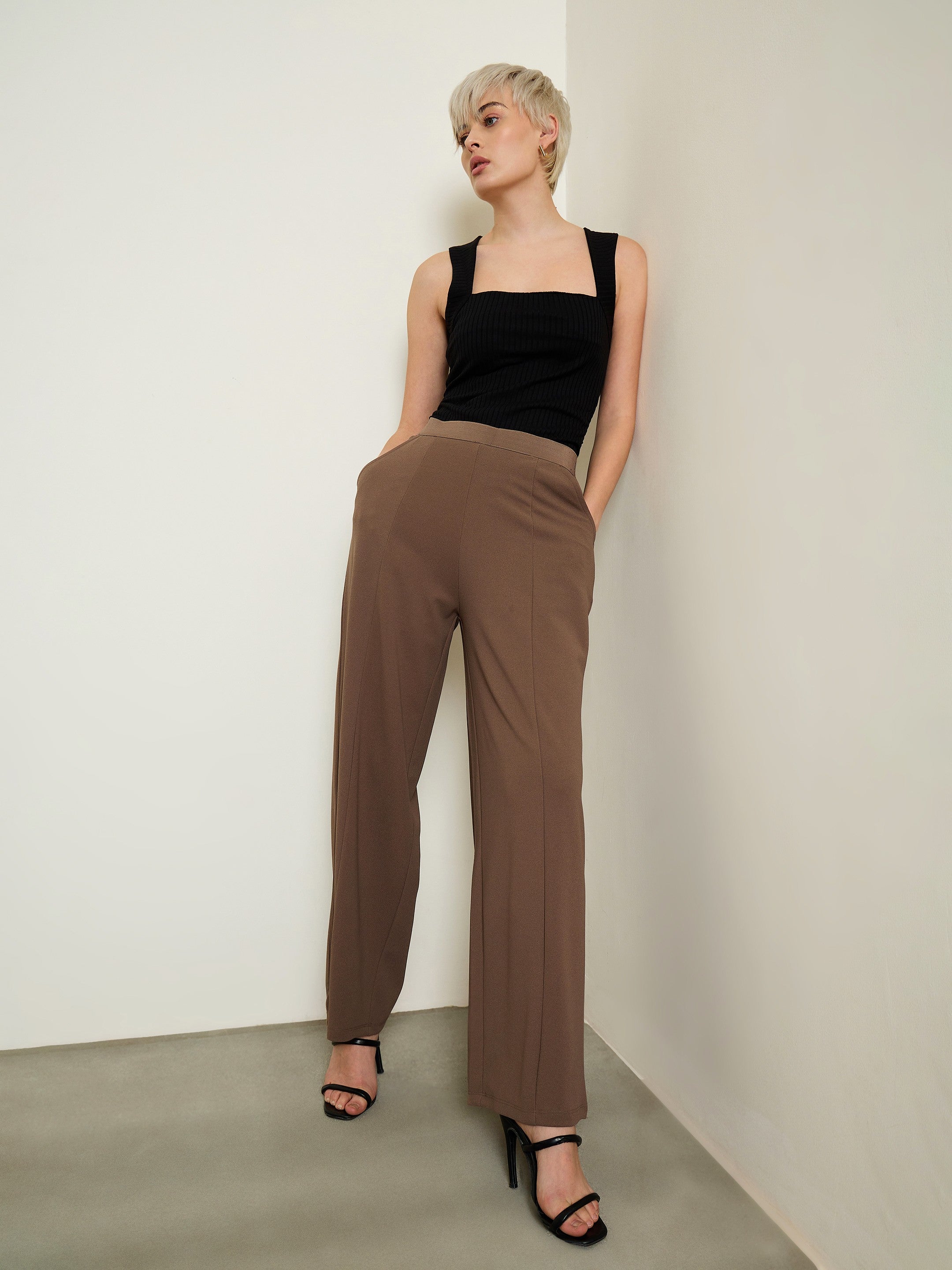 Brown Elasticated Waist Straight Fit Korean Pants SASSAFRAS BASICS
