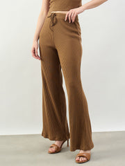 Women Tan Rib Drawstring Pants