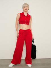 Women Red Rib Drawstring Pants