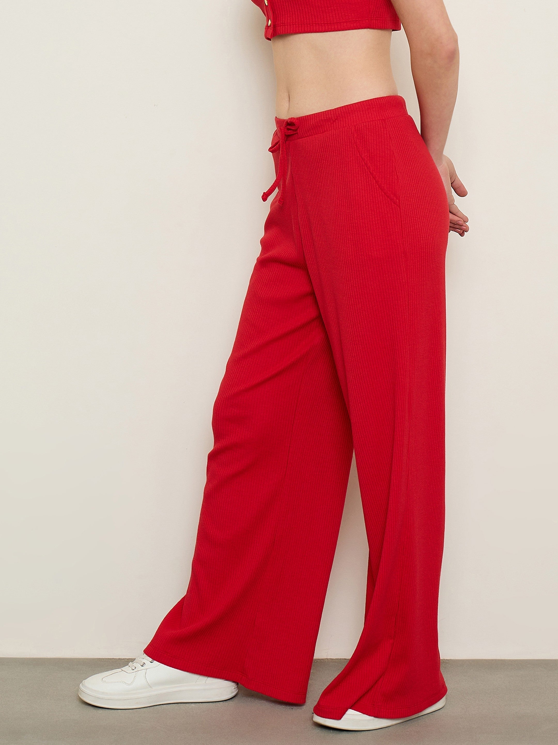Women Red Rib Drawstring Pants