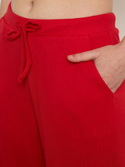Women Red Rib Drawstring Pants