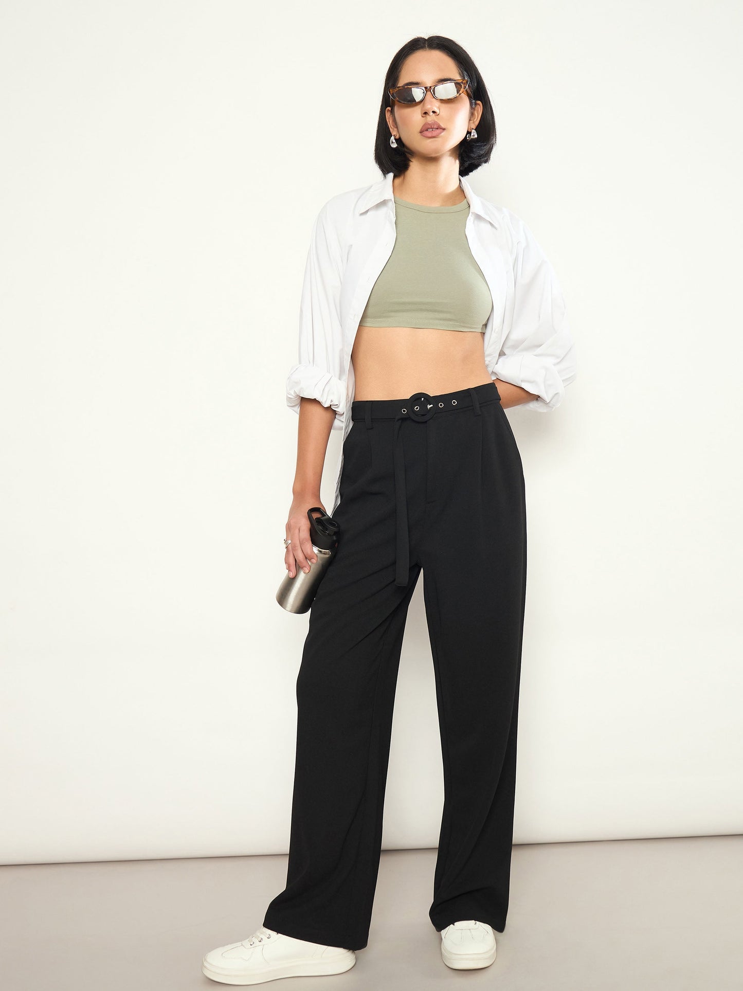 Black Front Pleated Belted Straight Pants SASSAFRAS