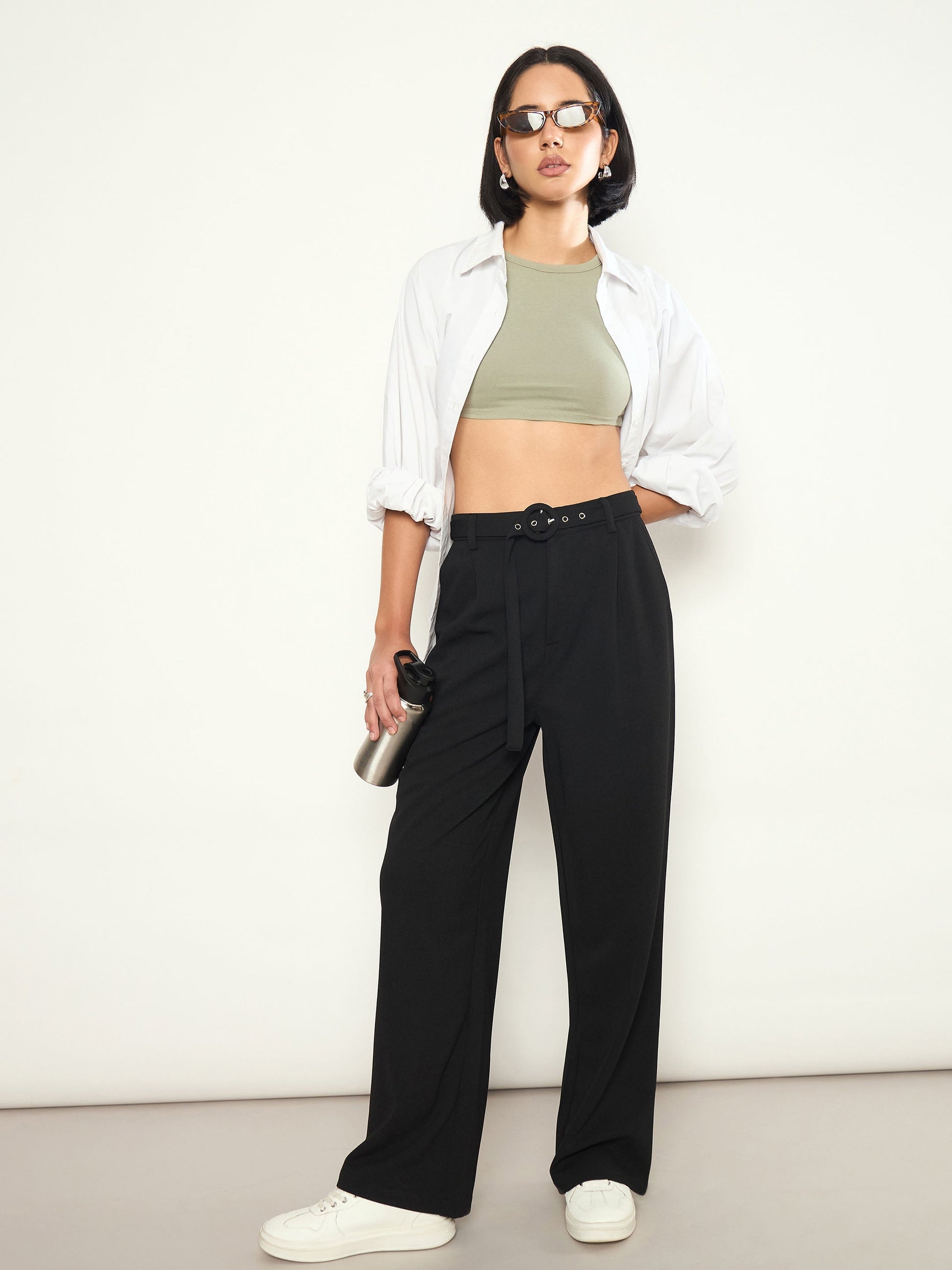 Black Front Pleated Belted Straight Pants SASSAFRAS