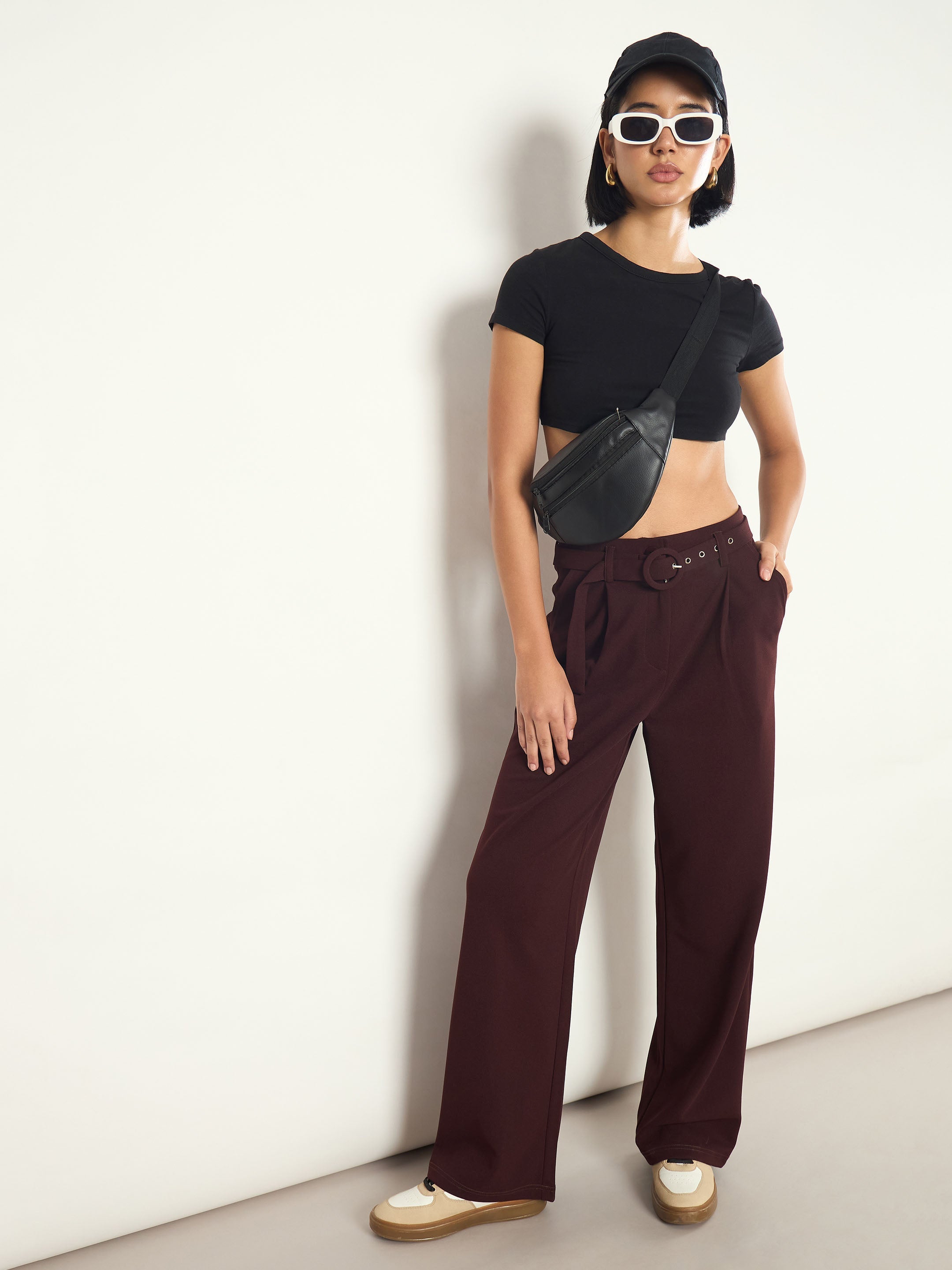 Burgundy Front Pleated Belted Straight Pants SASSAFRAS