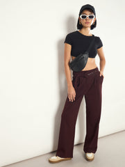 Burgundy Front Pleated Belted Straight Pants SASSAFRAS