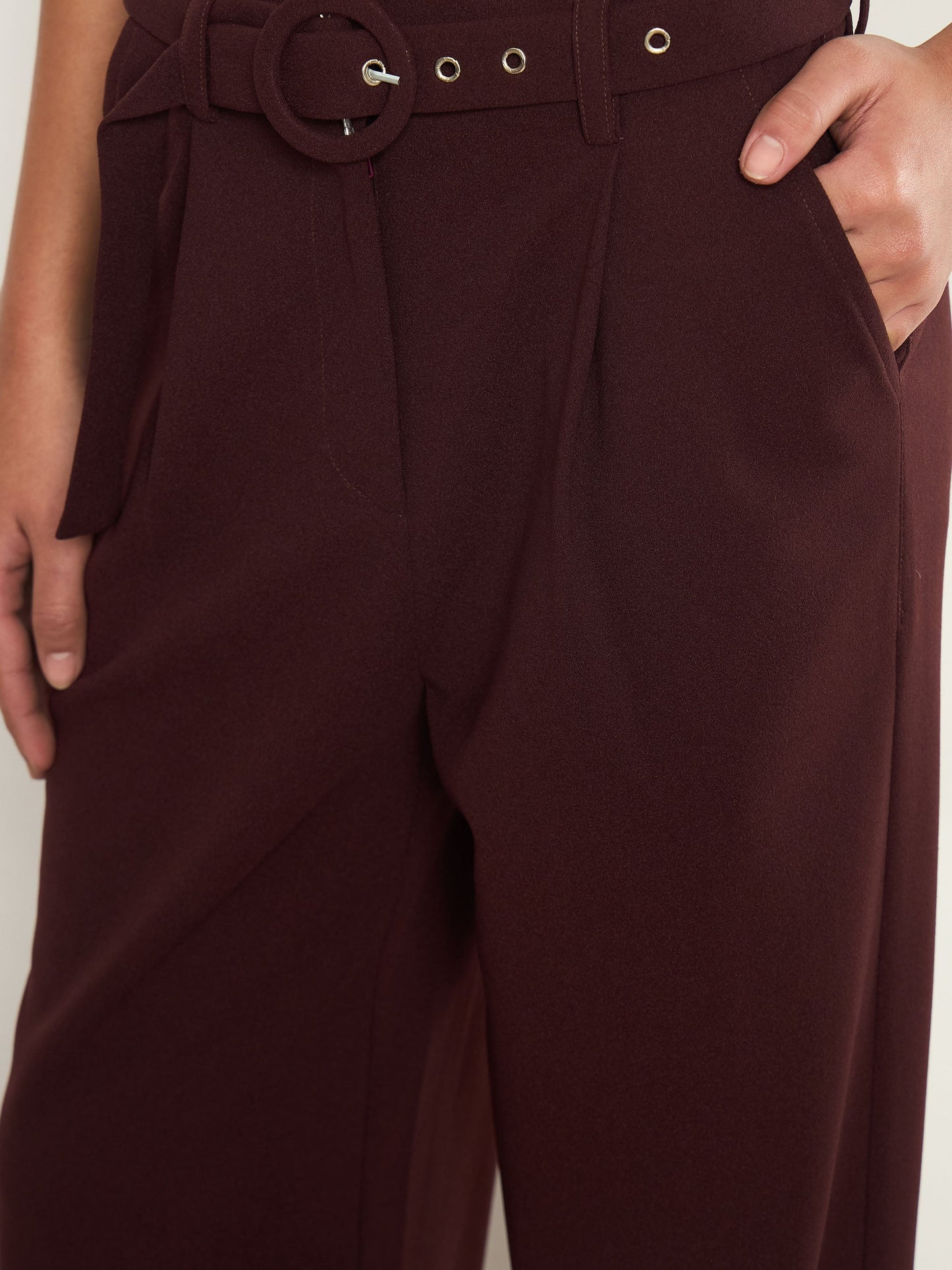 Burgundy Front Pleated Belted Straight Pants SASSAFRAS