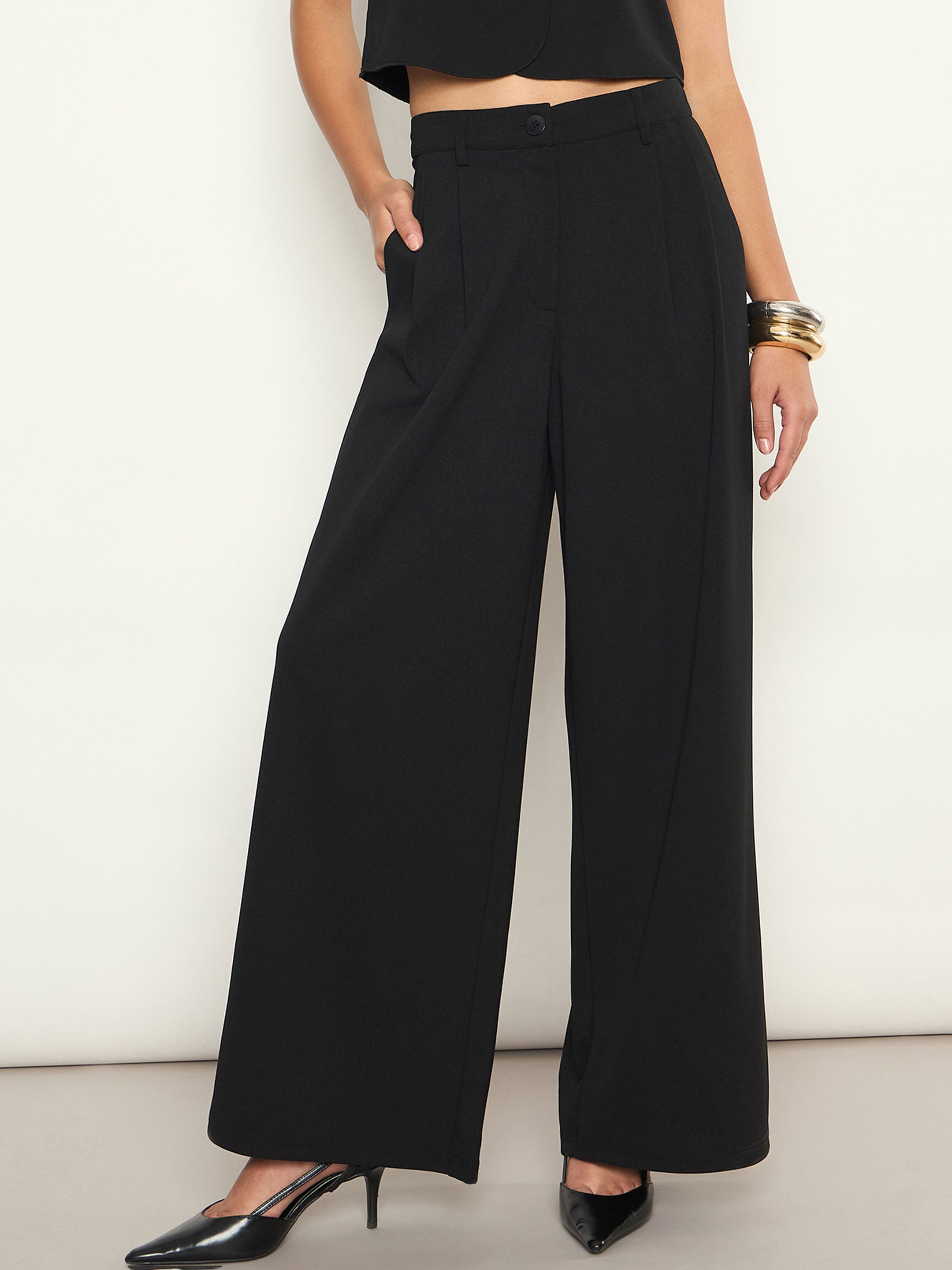 Black Front Pleated Wide Leg Straight Pants SASSAFRAS