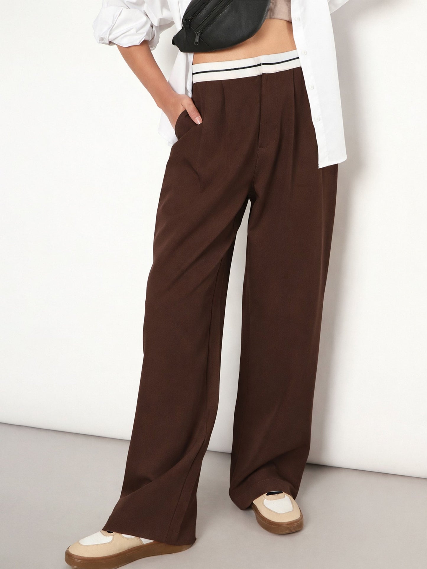 Brown Front Pleated Wide Leg Korean Pants SASSAFRAS 