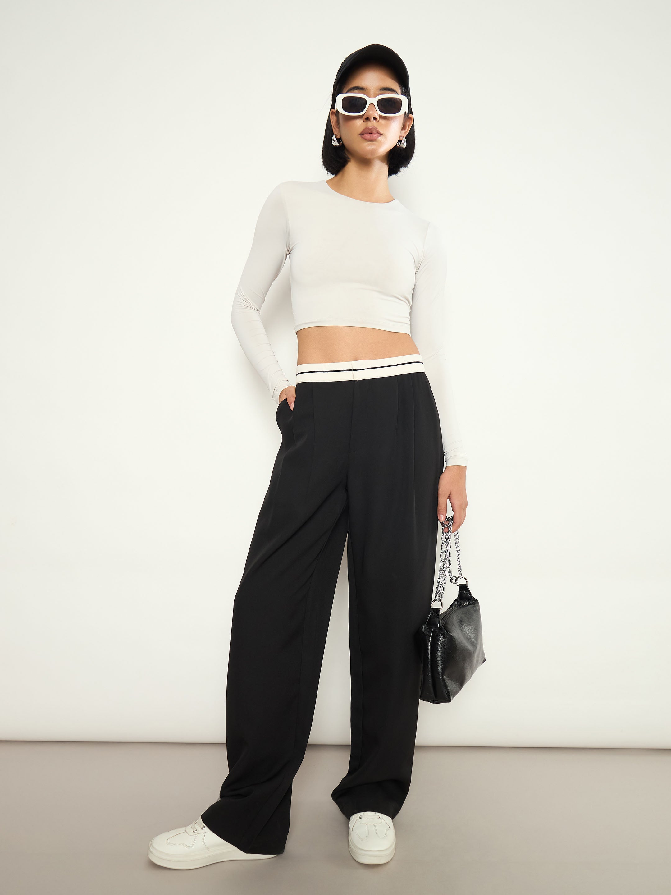 Black Front Pleated Wide Leg Korean Pants SASSAFRAS 