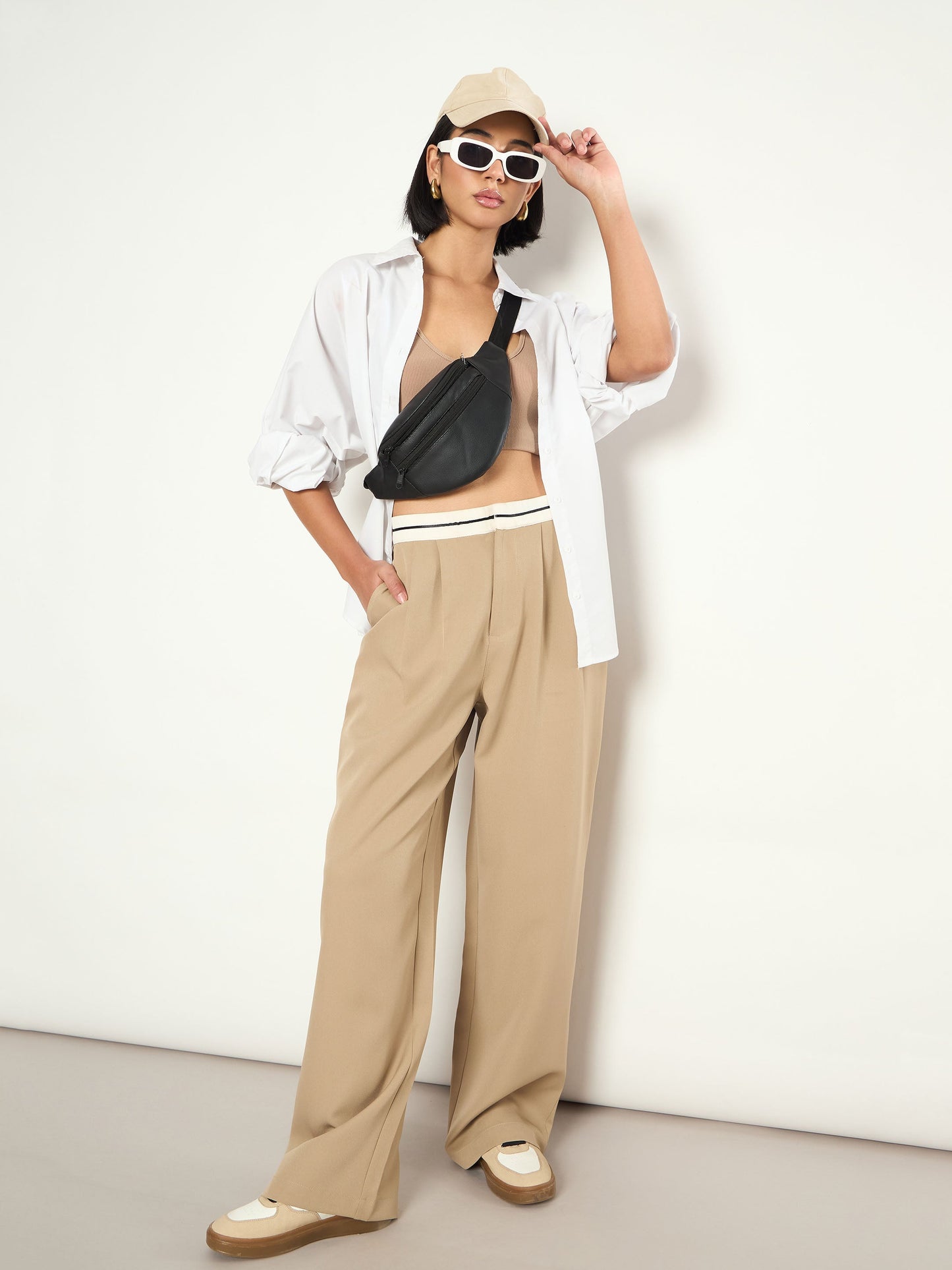 Beige Front Pleated Wide Leg Korean Pants SASSAFRAS 