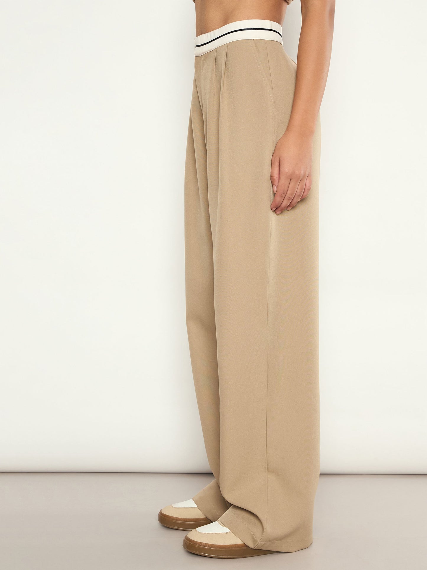 Beige Front Pleated Wide Leg Korean Pants SASSAFRAS 