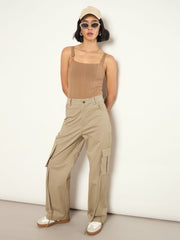 Women Beige Pocket Loop Detail Cargo Pants