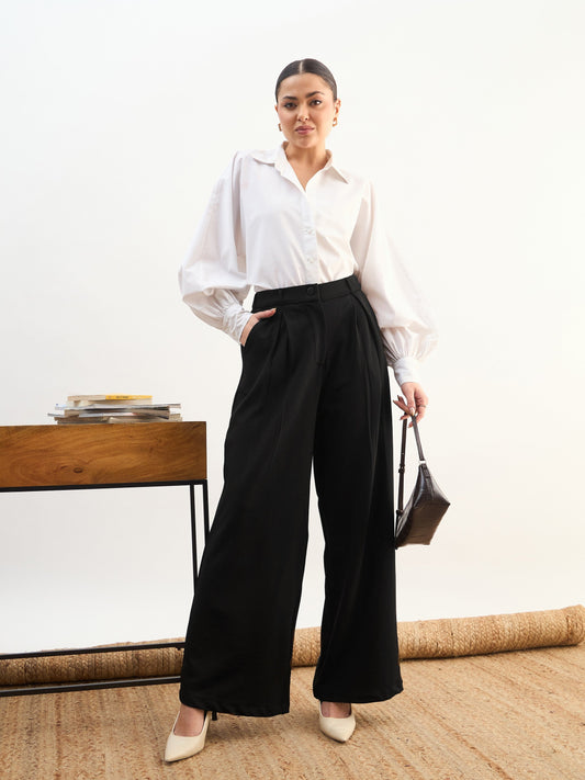 Black High-Rise Inverted Box Pleat Pants-SASSAFRAS worklyf