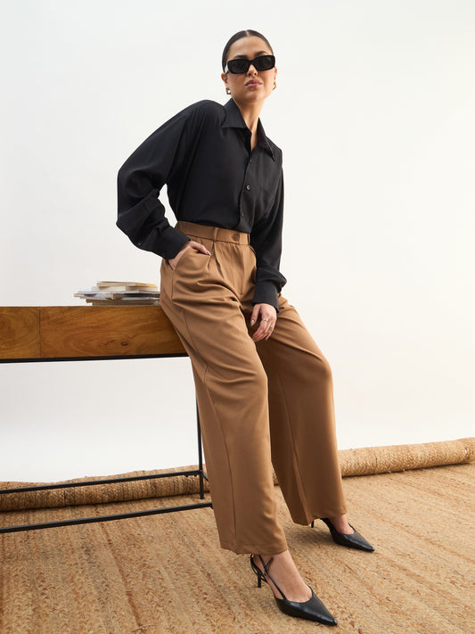 Tan Brown High-Rise Inverted Box Pleat Pants-SASSAFRAS worklyf