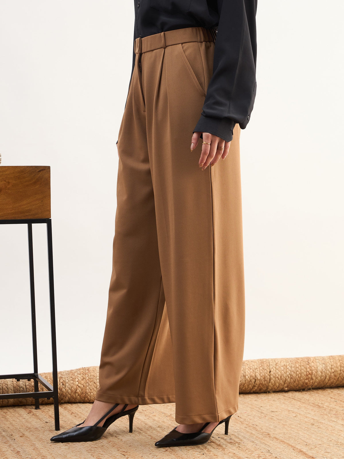 Tan Brown High-Rise Inverted Box Pleat Pants-SASSAFRAS worklyf