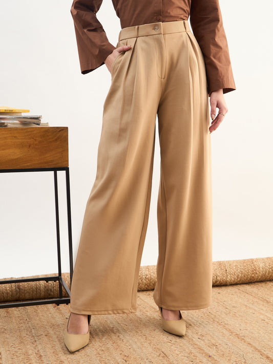 Beige High-Rise Inverted Box Pleat Pants-SASSAFRAS worklyf