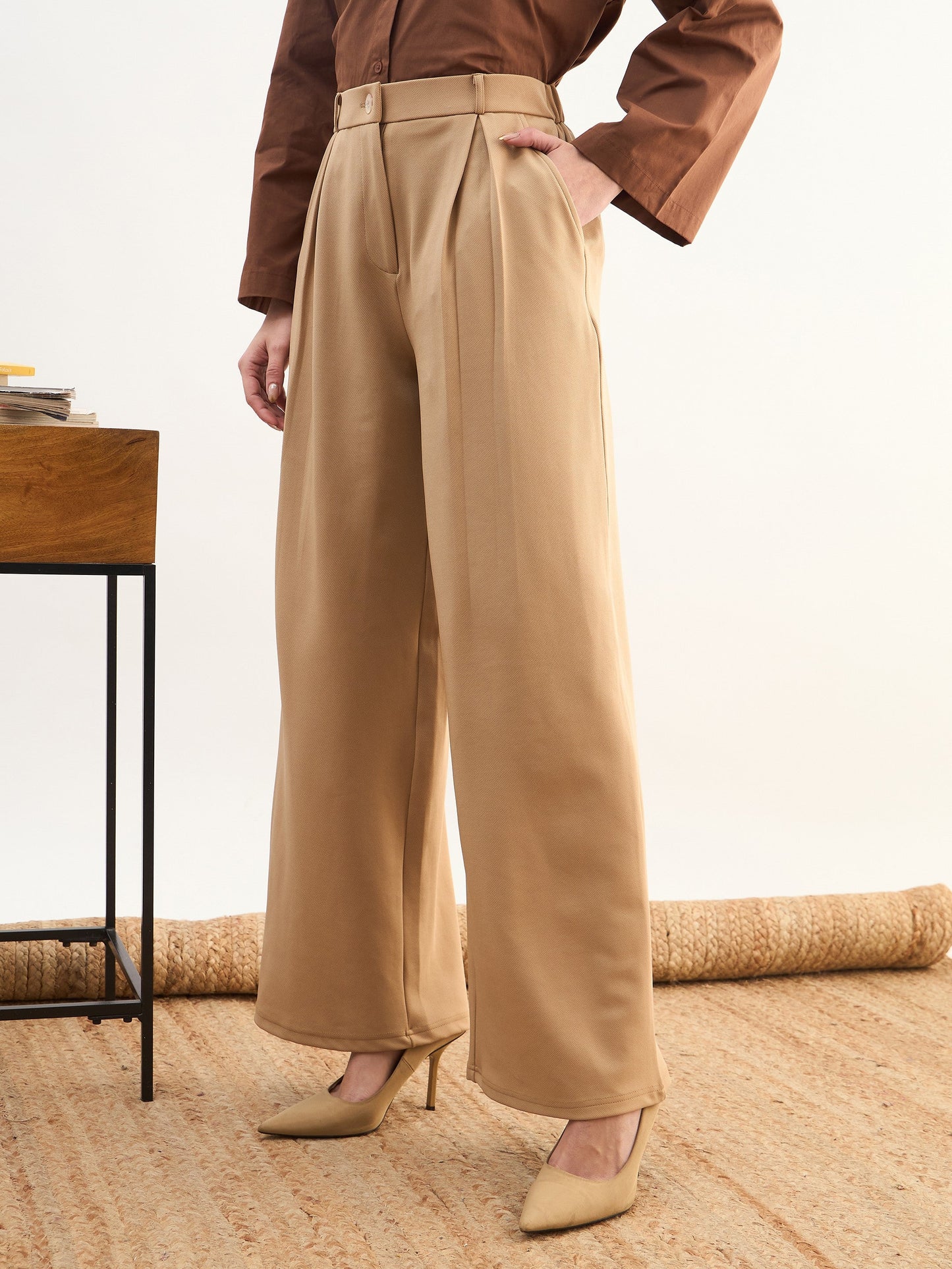 Beige High-Rise Inverted Box Pleat Pants-SASSAFRAS worklyf