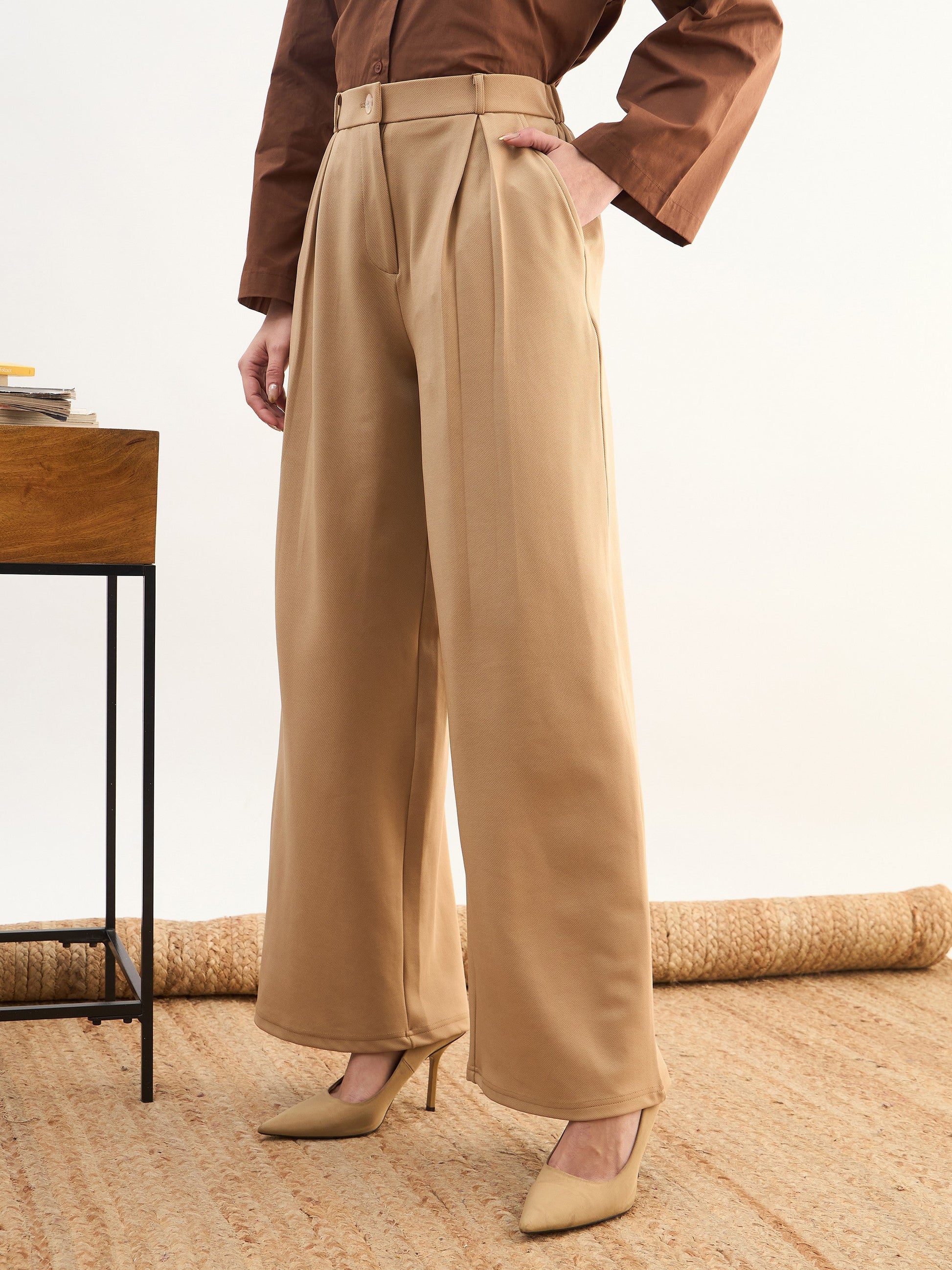 Beige High-Rise Inverted Box Pleat Pants-SASSAFRAS worklyf
