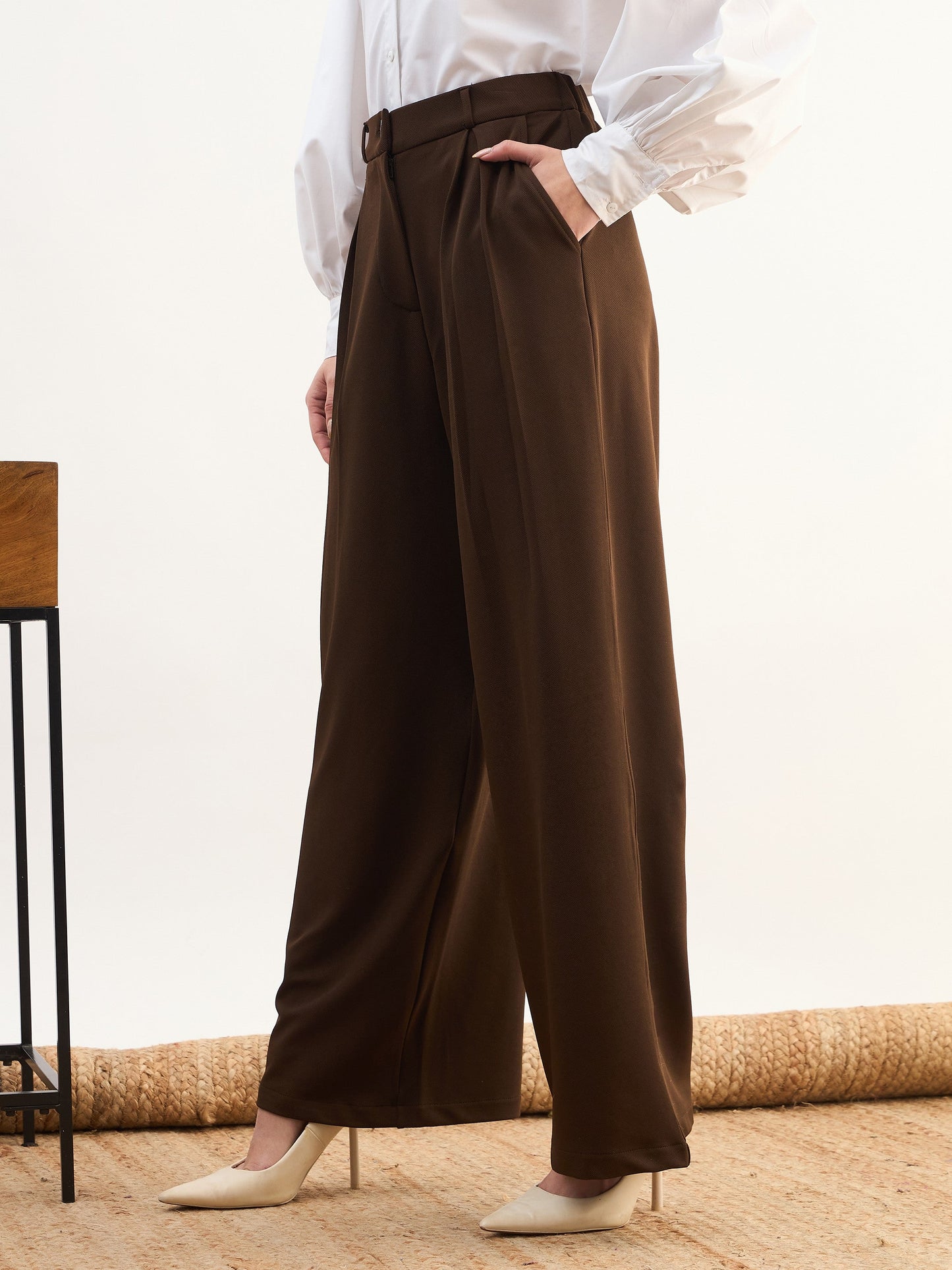 Coffee Brown High-Rise Inverted Box Pleat Pants-SASSAFRAS worklyf