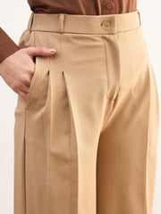 Women Beige Dual Dart Wide Leg Pants