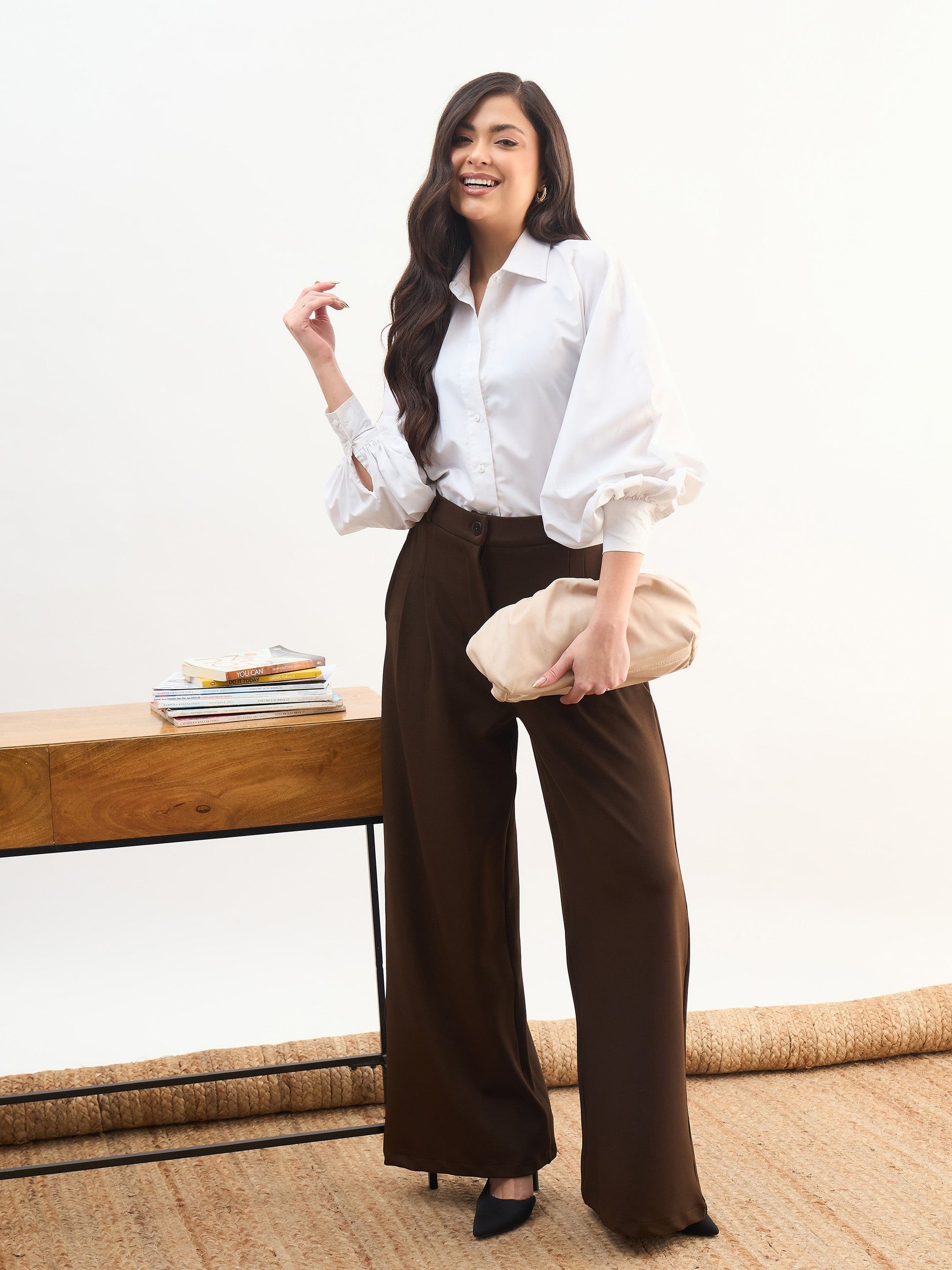 Coffee Brown Dual Dart Wide Leg Pants-SASSAFRAS worklyf