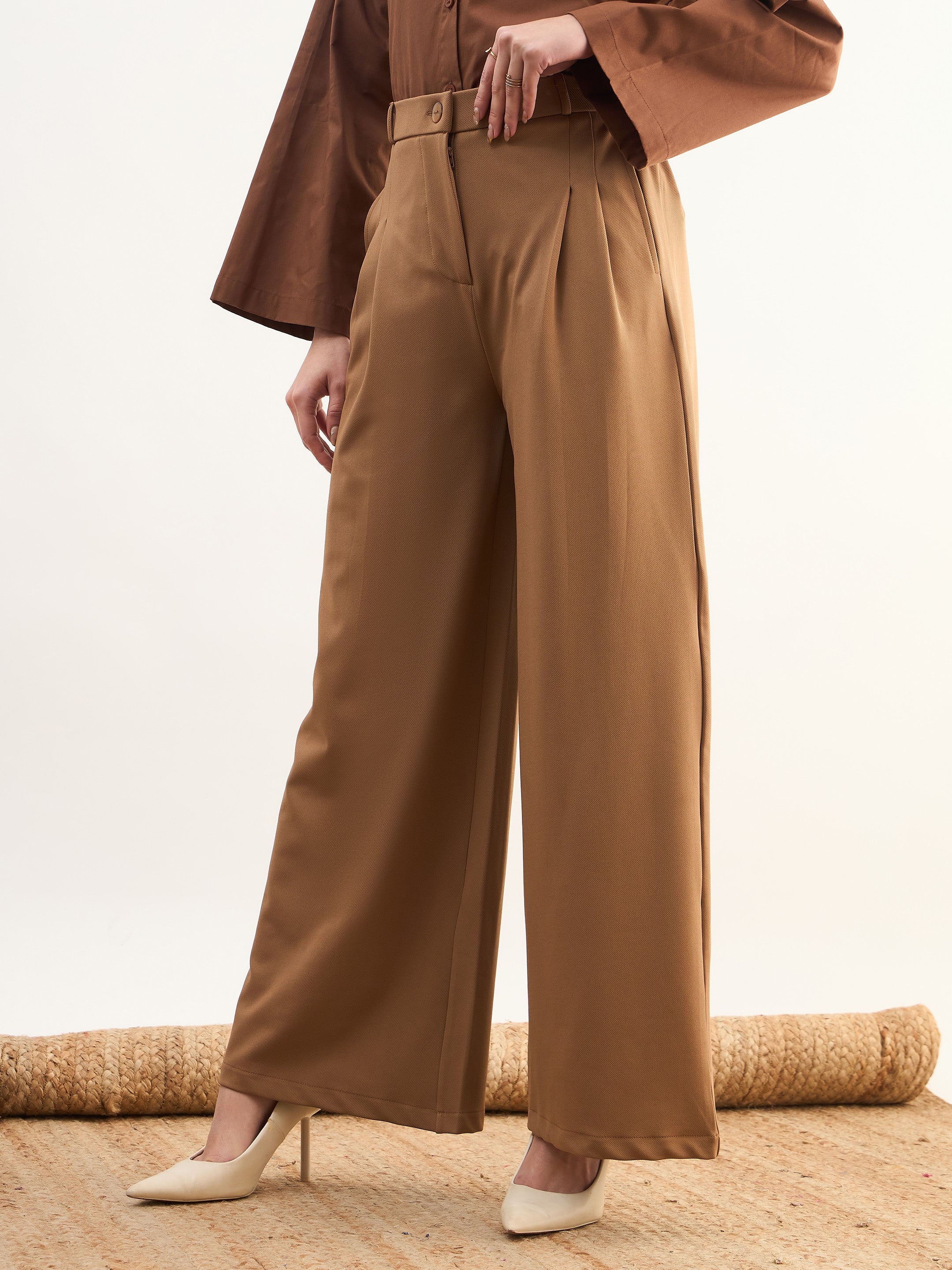 Women Tan Brown Dual Dart Wide Leg Pants