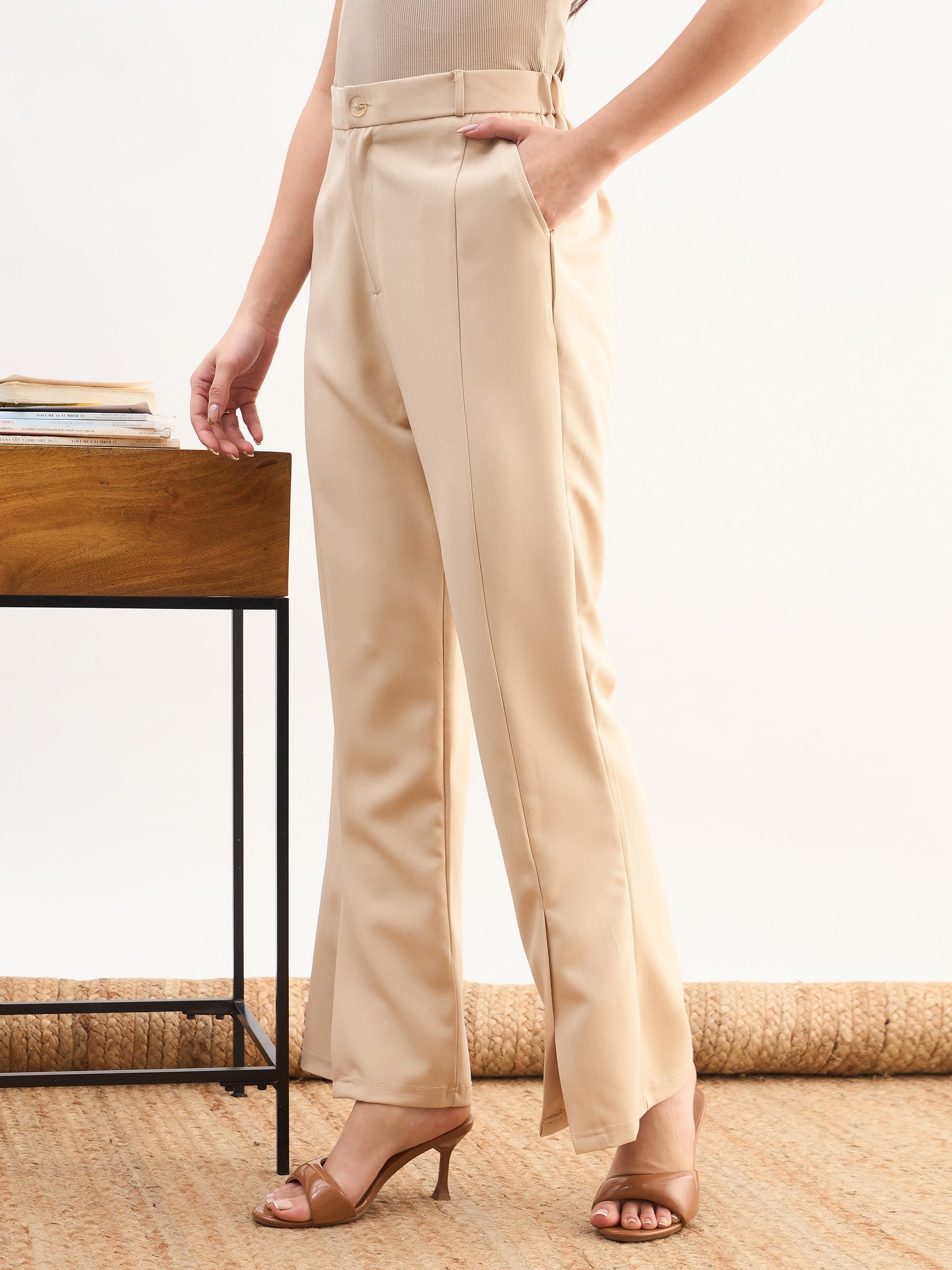 Beige Front Slit Bellbottom Pants-SASSAFRAS worklyf