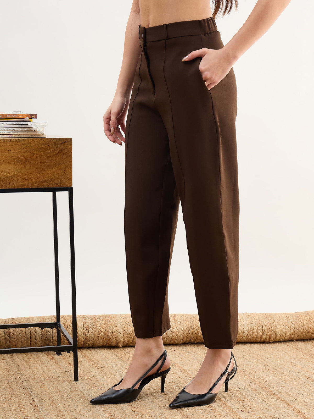 Coffee Brown Darted Slouchy Pants-SASSAFRAS worklyf