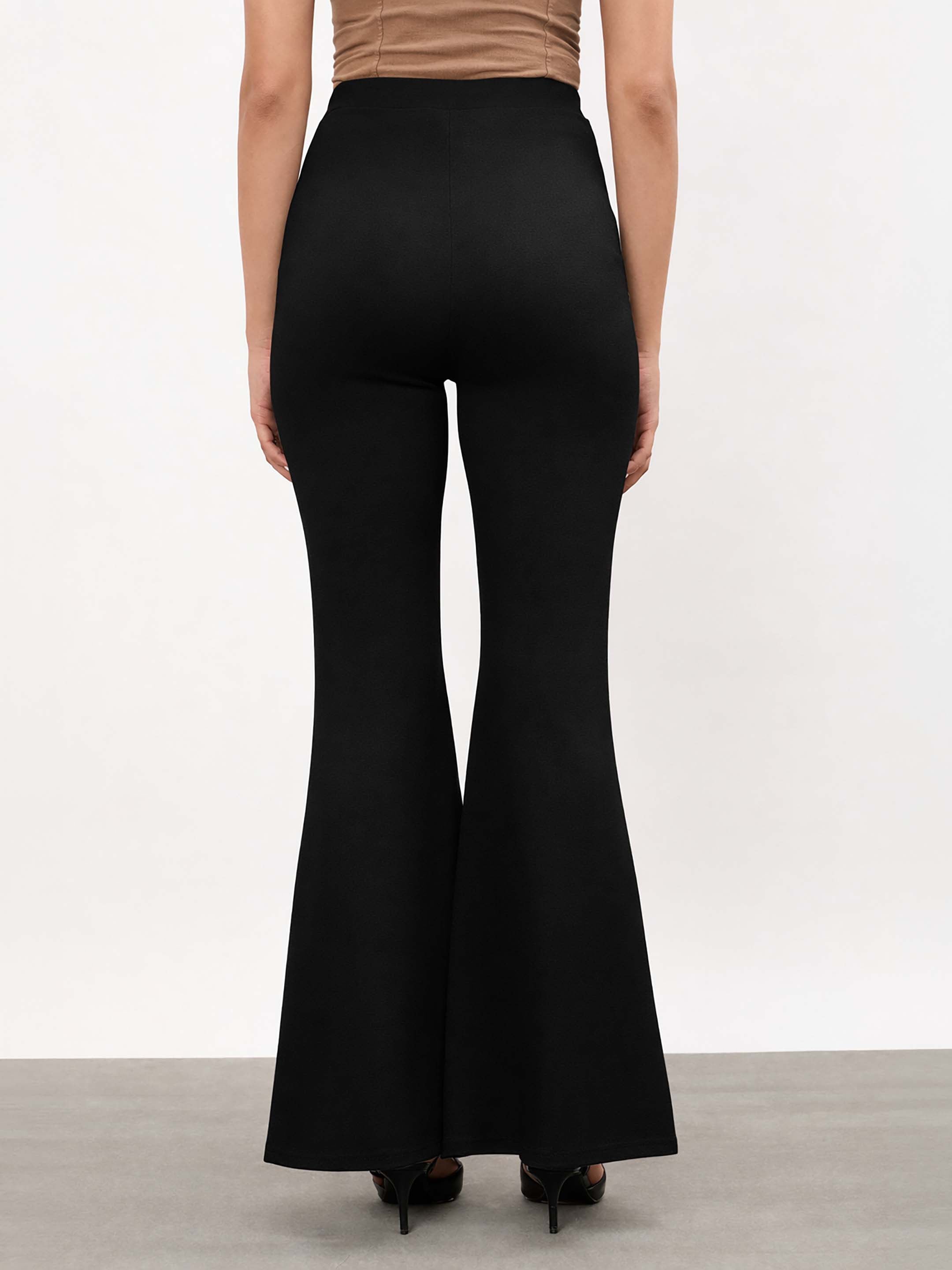 Women Black Front Metal Trim Bell Bottom Pants