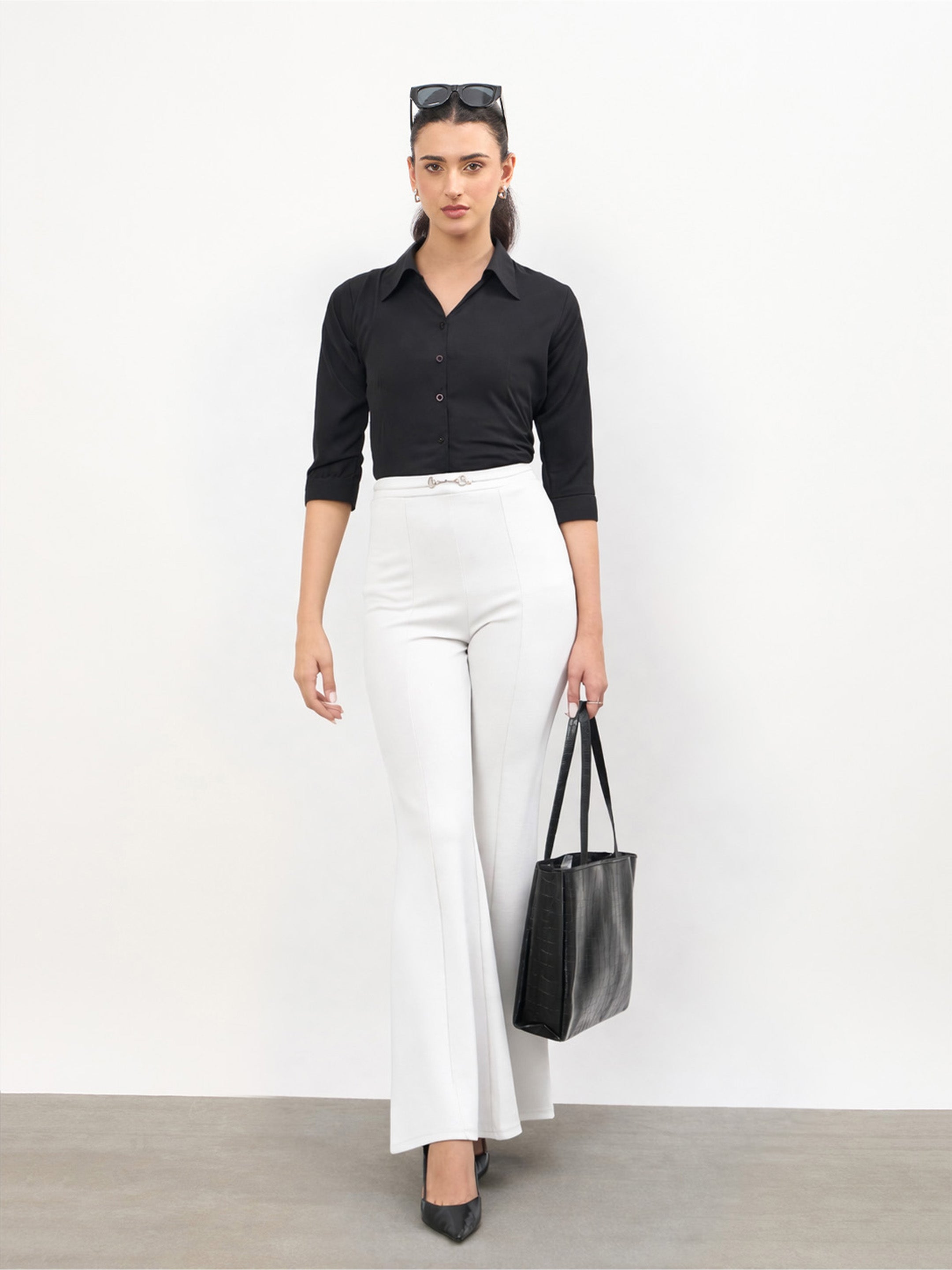 Women White Front Metal Trim Bell Bottom Pants