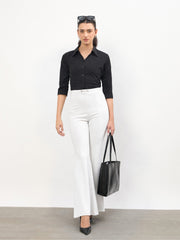 Women White Front Metal Trim Bell Bottom Pants