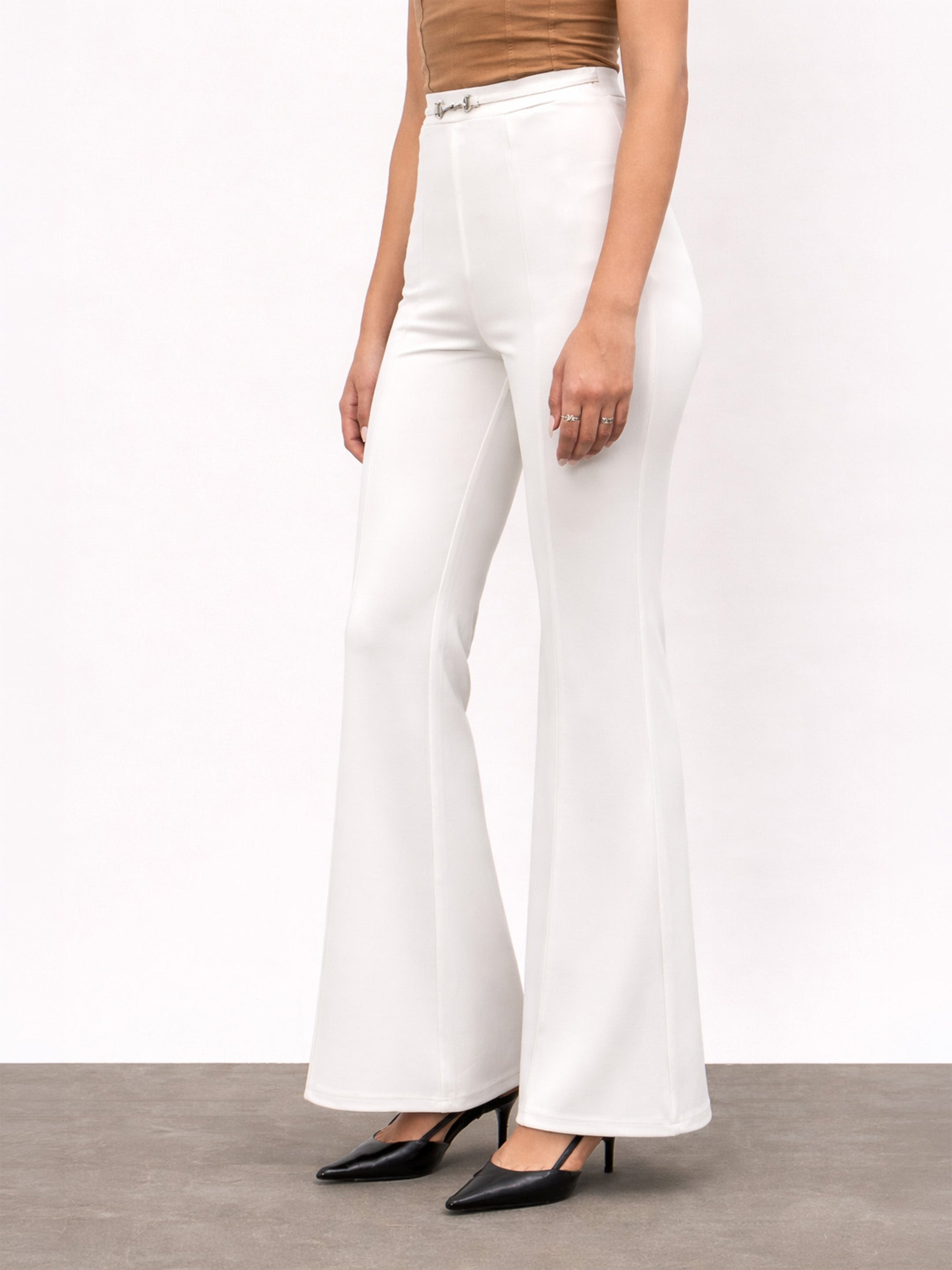 Women White Front Metal Trim Bell Bottom Pants
