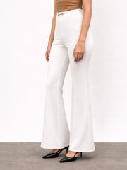 Women White Front Metal Trim Bell Bottom Pants