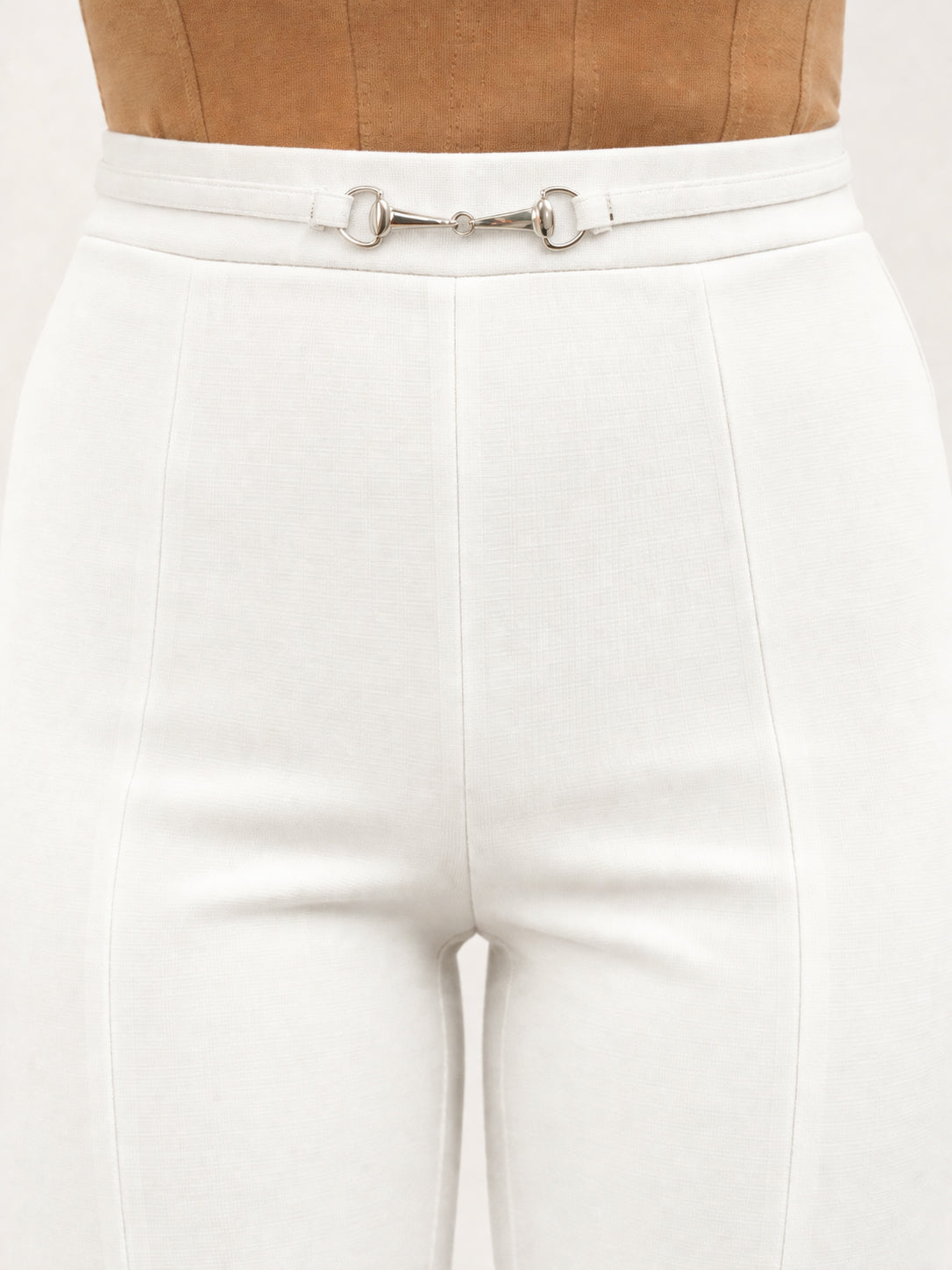 Women White Front Metal Trim Bell Bottom Pants