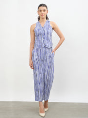 Women Blue Linen Striped Darted Slouchy Pants