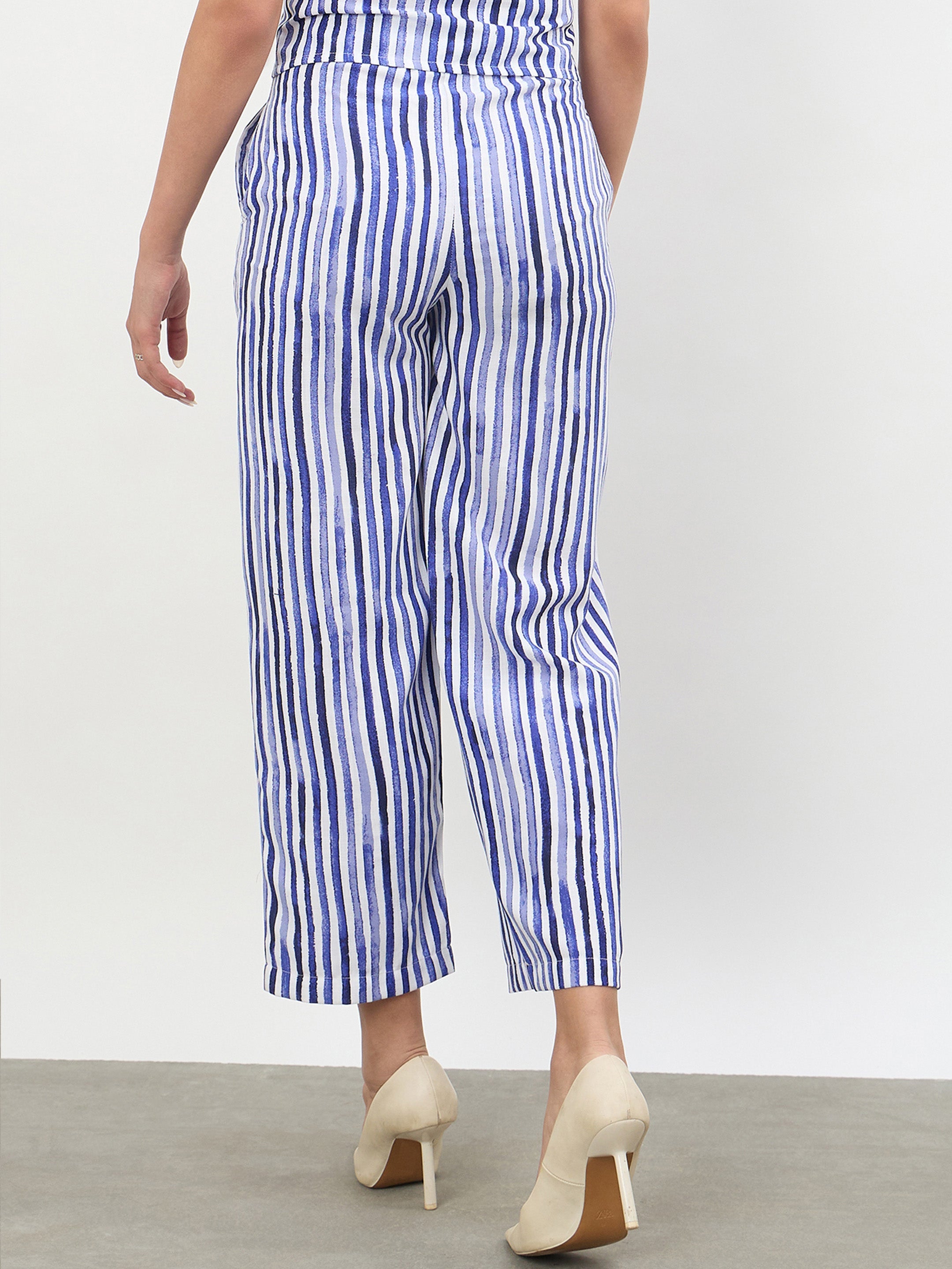 Women Blue Linen Striped Darted Slouchy Pants
