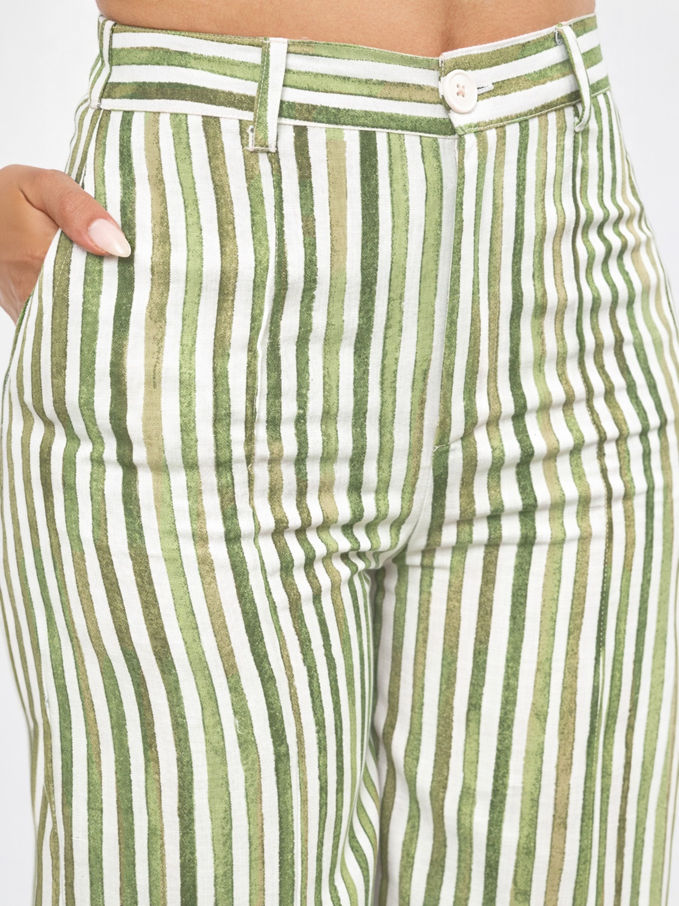 Women Green Linen Striped Darted Slouchy Pants