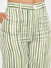 Women Green Linen Striped Darted Slouchy Pants