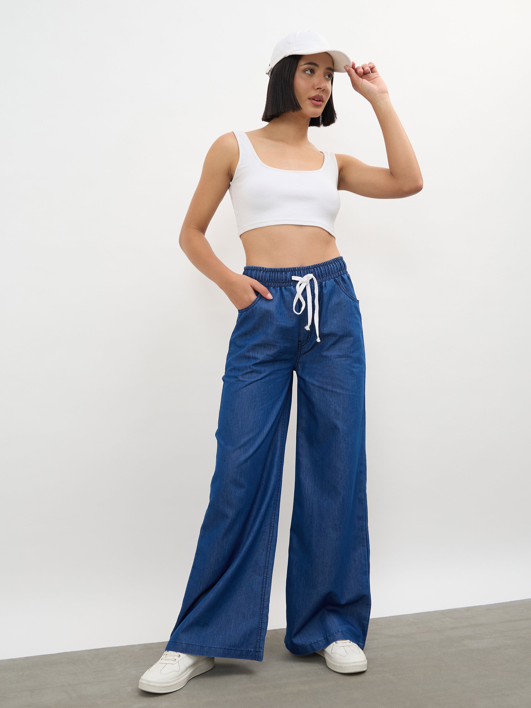 Women Navy Elasticated Tencel Straight Pants