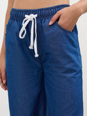 Women Navy Elasticated Tencel Straight Pants