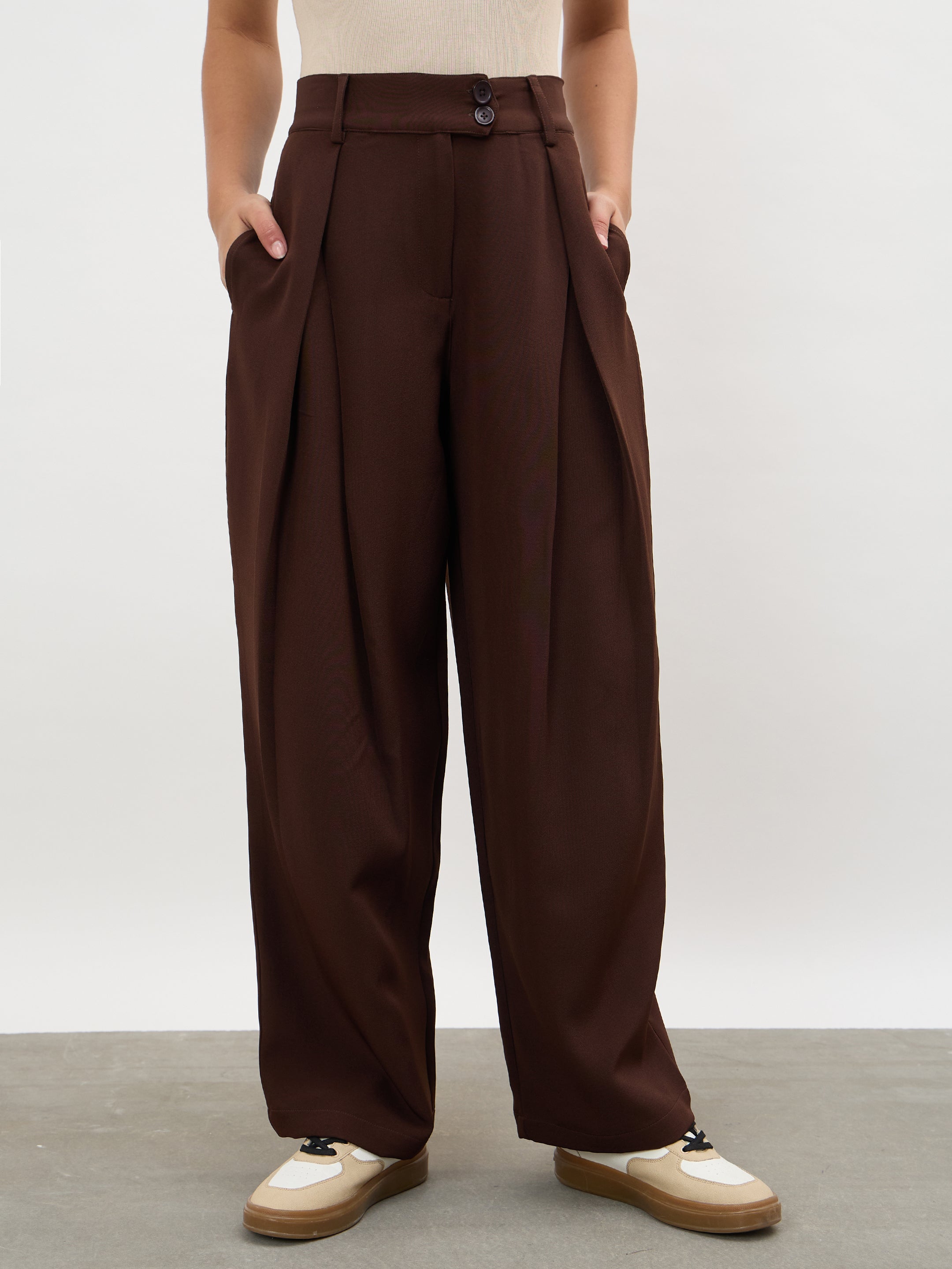 Women Dark Brown Overlapping Pleats Korean Pants