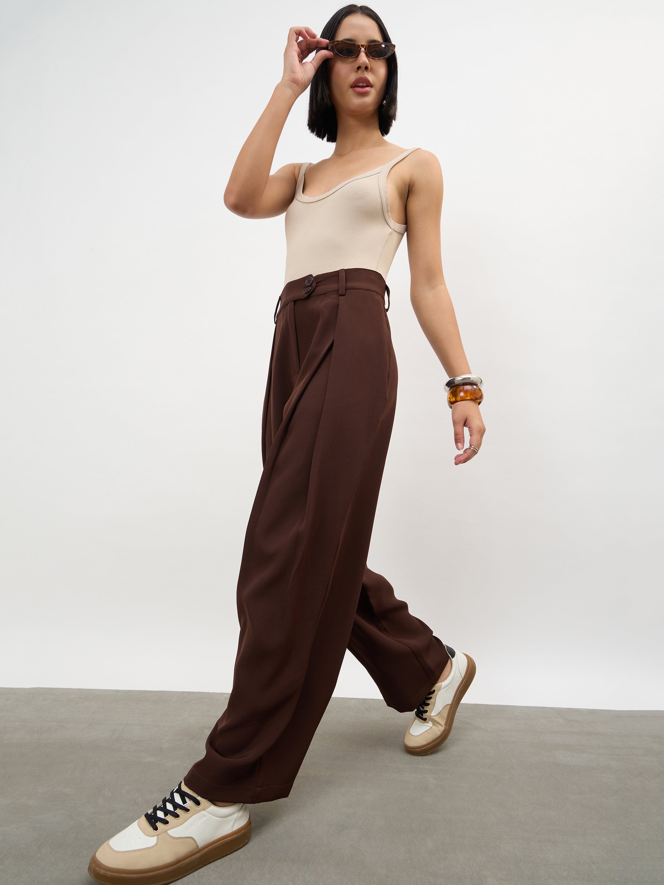 Women Dark Brown Overlapping Pleats Korean Pants