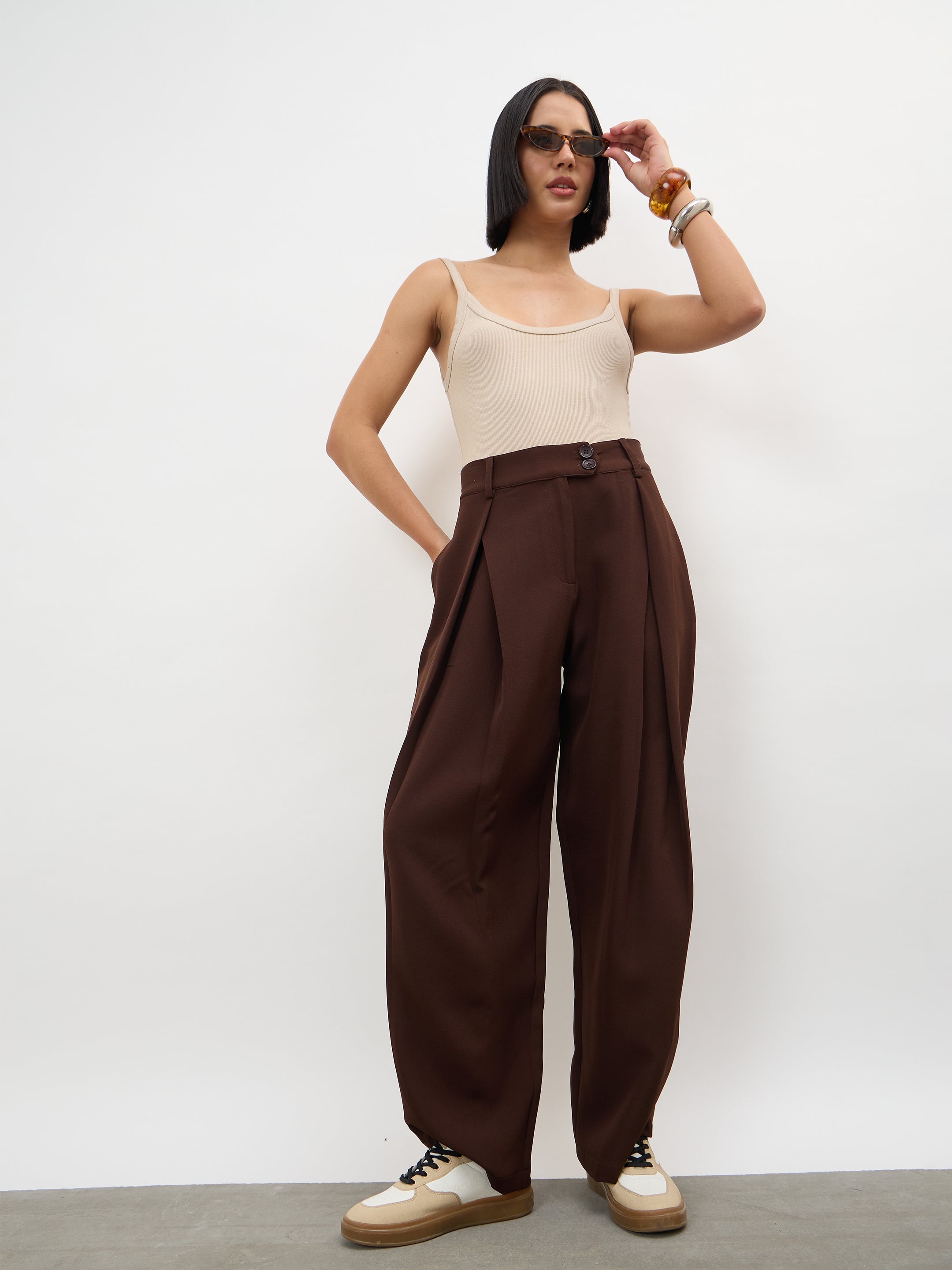 Women Dark Brown Overlapping Pleats Korean Pants